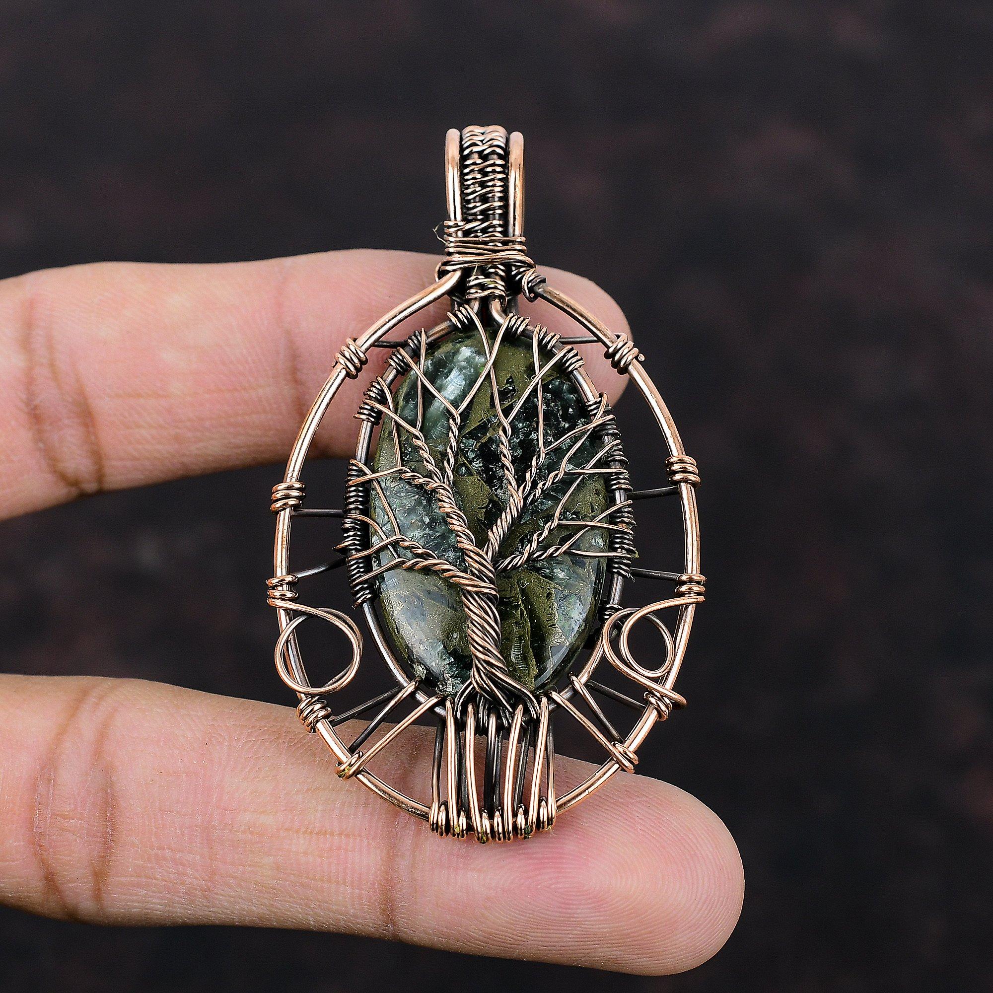 Tree Of Life Copper Seraphinite Pendant Copper Wire Wrapped Pendant Handmade Jewelry Gemstone Pendant Antique Copper Jewelry Engagement Gift