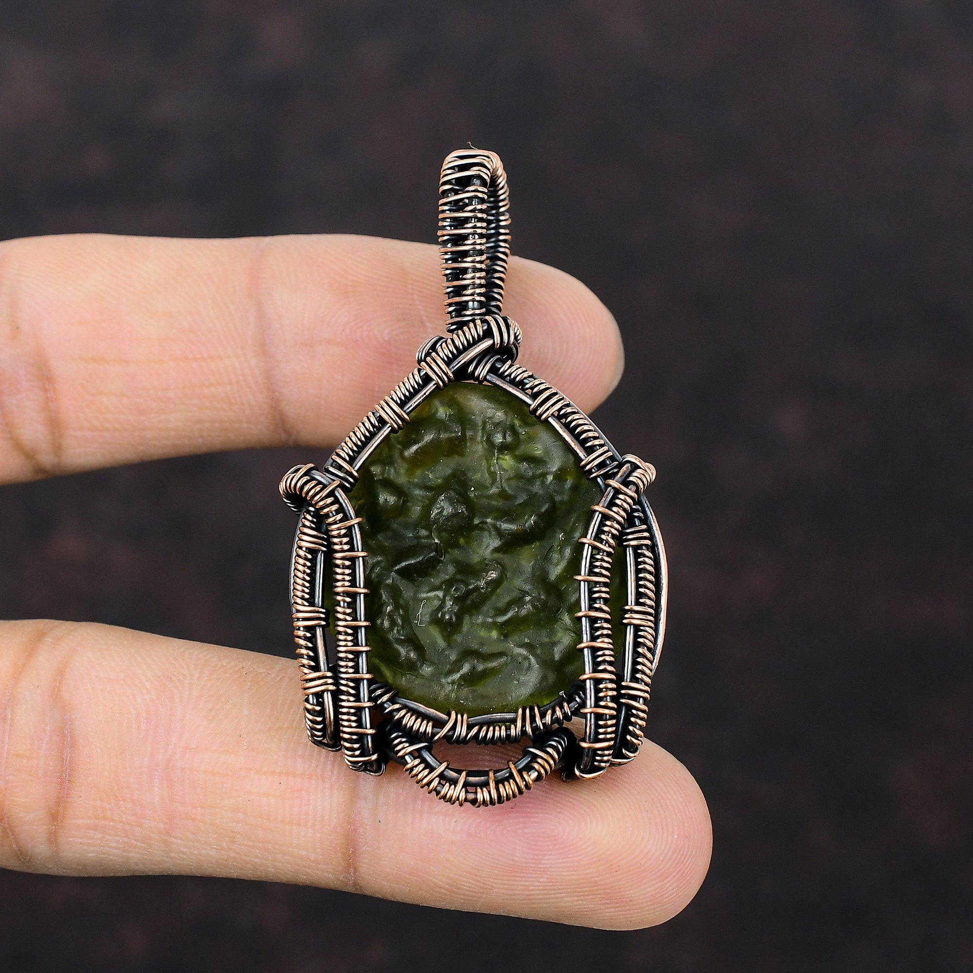 Moldavite Pendant Copper Wire Wrapped Gemstone Pendant Moldavite Jewelry Handmade Boho Pendant Copper Jewelry Gift For Her Wire Wrap Jewelry