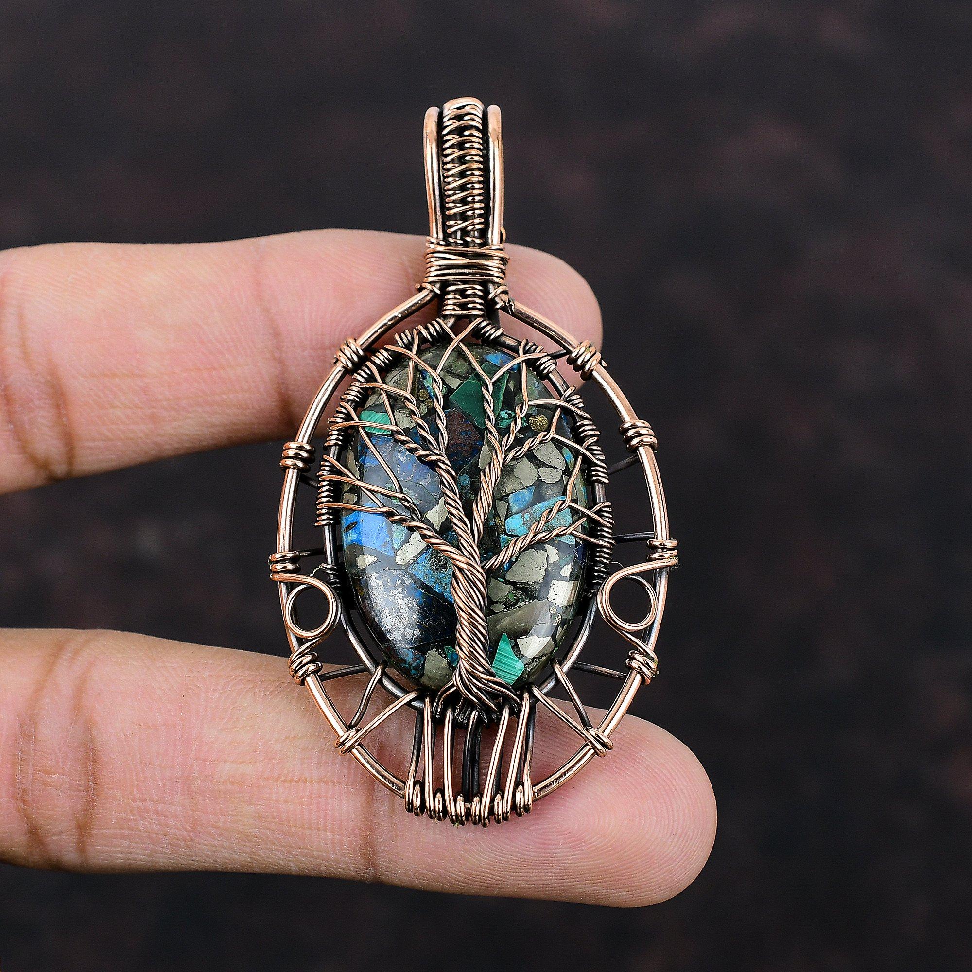 Древо Жизни Медь Азурит Малахит Кулон Медная Проволока Обернутый Кулон Медные Ювелирные Изделия Ручной Работы Подвеска Из Драгоценного Камня Дизайнерские Ювелирные Изделия Для Подарка