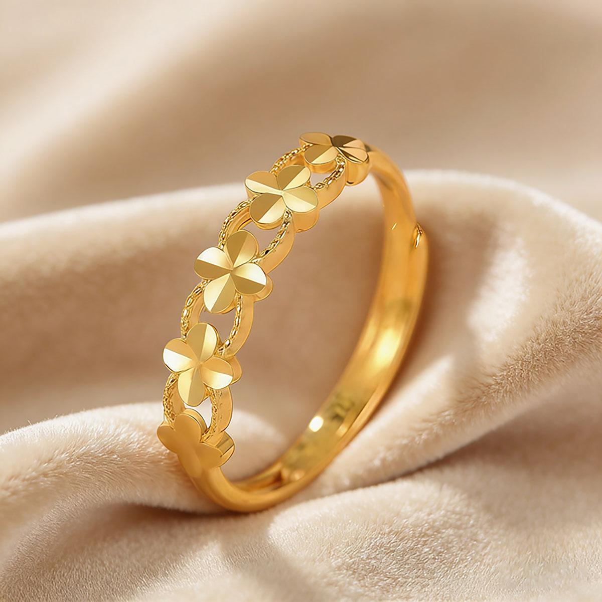 Four-Petal Gold Ring, High-End Versatile Plain Ring, Wedding Ring, Open Ring, Temperament Women's Daily Accessory