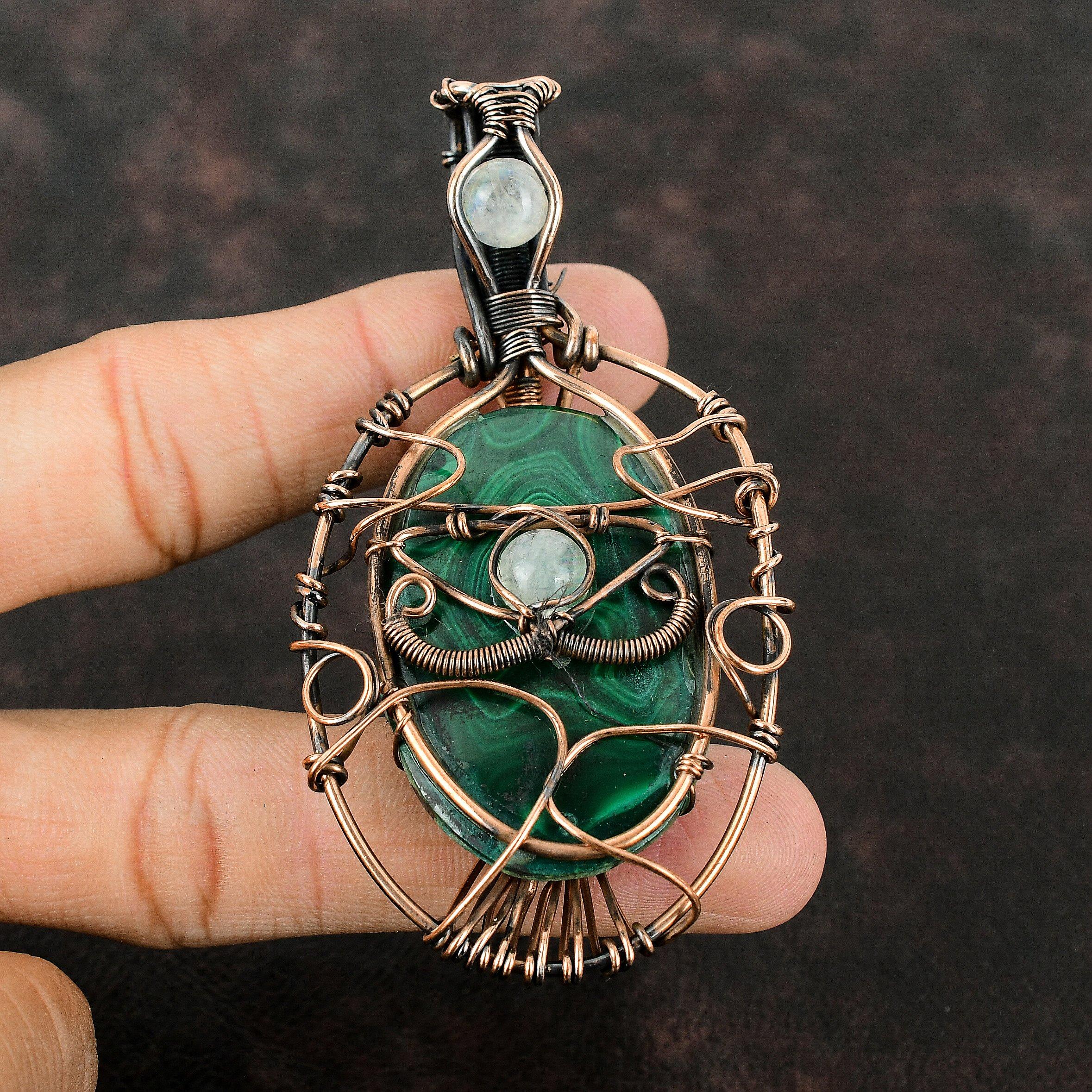 Evil Eye Malachite Copper Pendant Copper Wire Wrapped Pendant Evil Eye Jewelry Rainbow Moonstone Jewelry For Gifts Handmade Gemstone Pendant