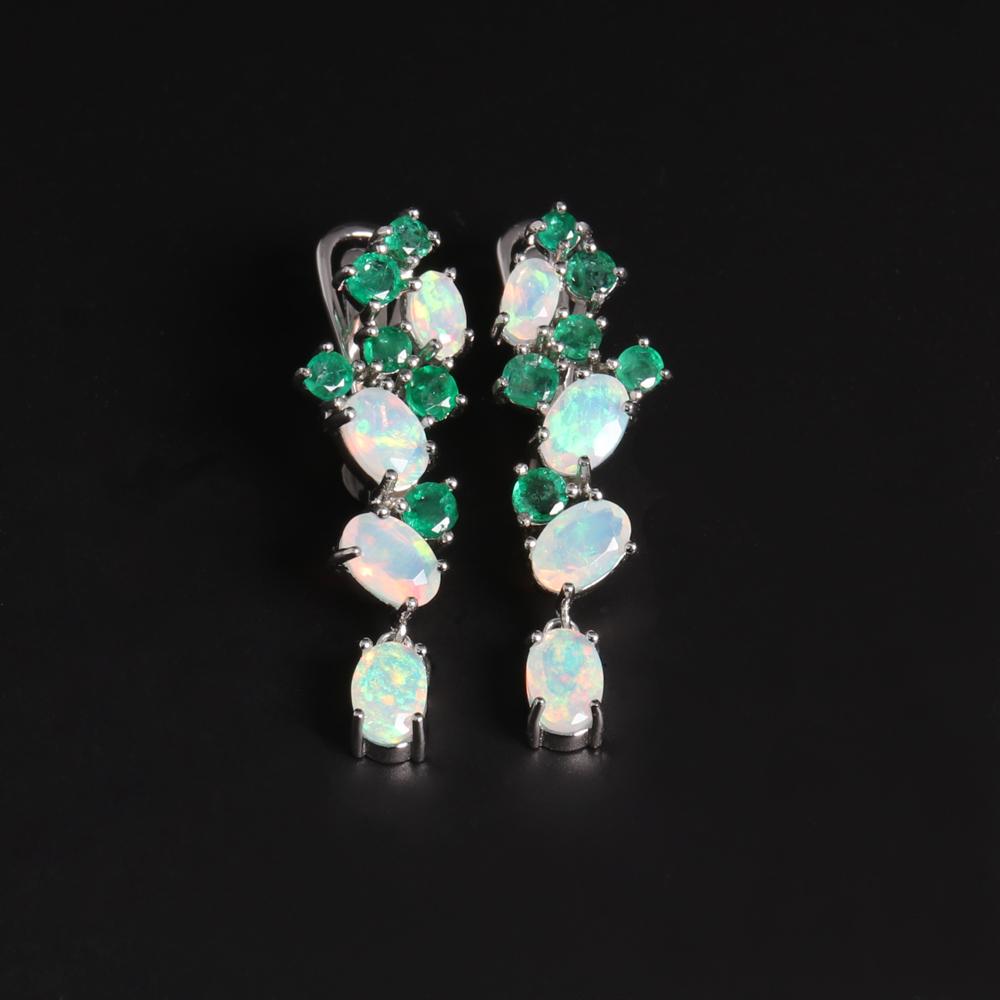 Colorful Gemstone Opal Emerald Earring ,natural Ethiopia Opal Zambia Green Emerald Jewelry 925 Sterling Silver