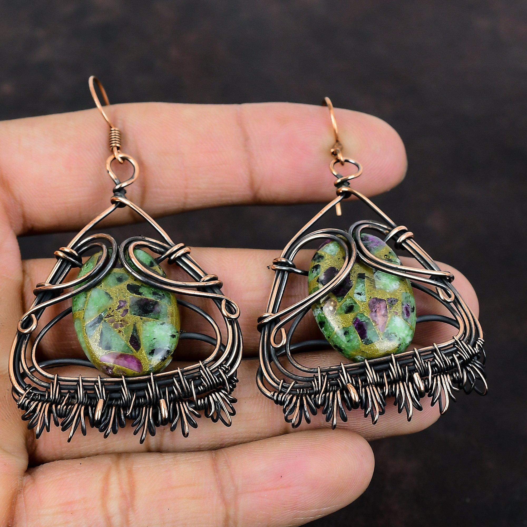 Медные рубиновые серьги с цоизитом, серьги из медной проволоки, элегантные серьги, драгоценный камень, медные ювелирные изделия, новые серьги ручной работы, подарок на годовщину