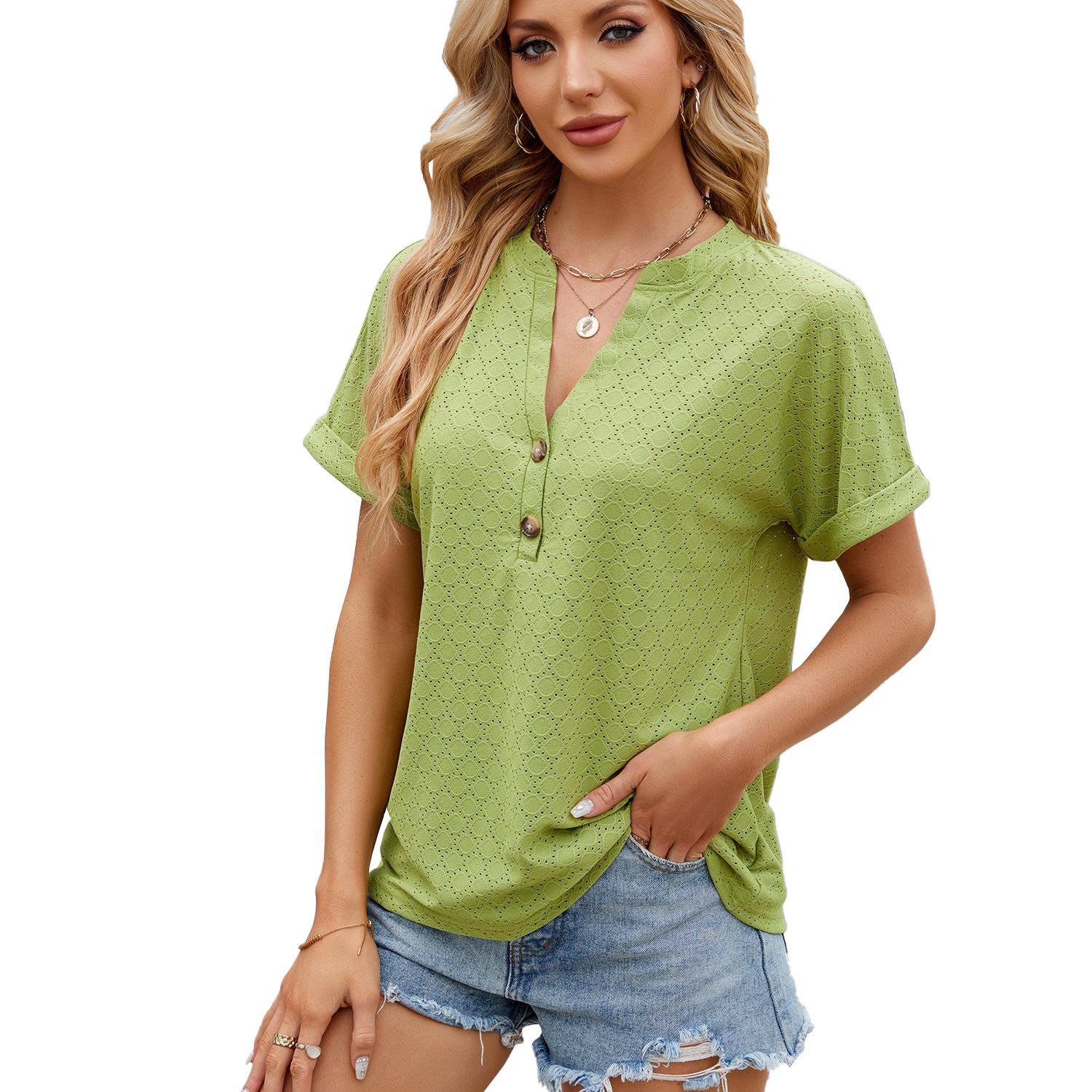 Summer Women's T-shirt New Solid Color V-neck Button Loose Short-sleeved T-shirt Top