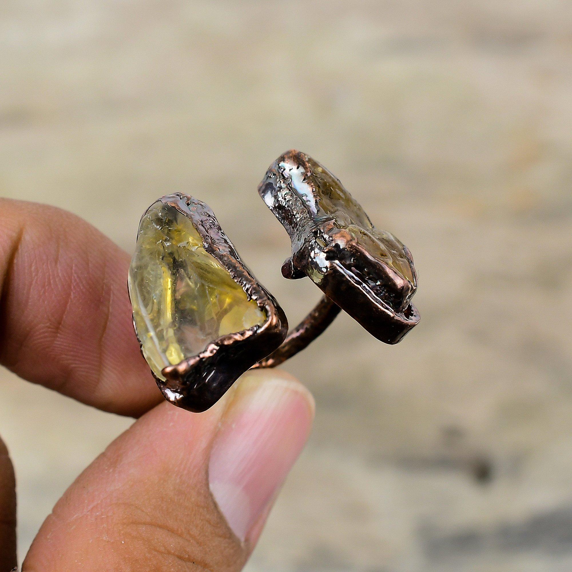 Грубое кольцо с цитрином, медное кольцо, кольцо ручной работы, медные украшения, регулируемое кольцо, кольцо с драгоценным камнем, подарок для женщин, ювелирные изделия, изготовленные методом гальванопластики