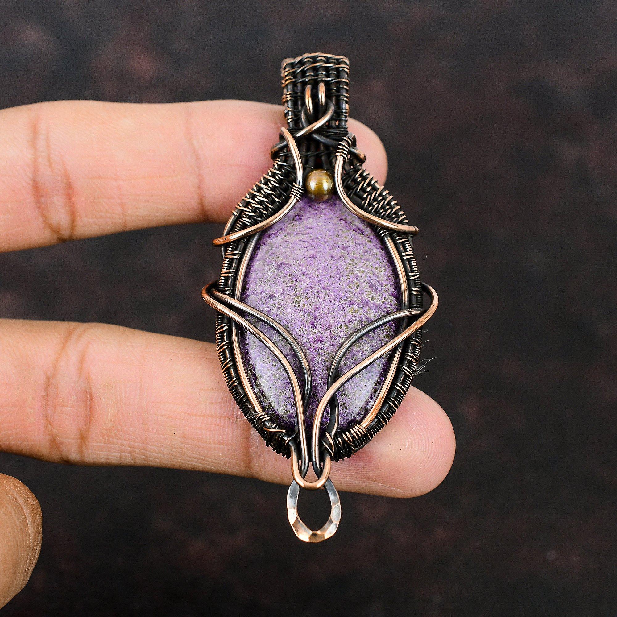 Подвеска из пурпурита, драгоценный камень, медная проволока, кулон ручной работы, кулон из проволочной обмотки, ювелирный подарок для нее, изысканное ювелирное изделие из пурпурита, подарок для мамы