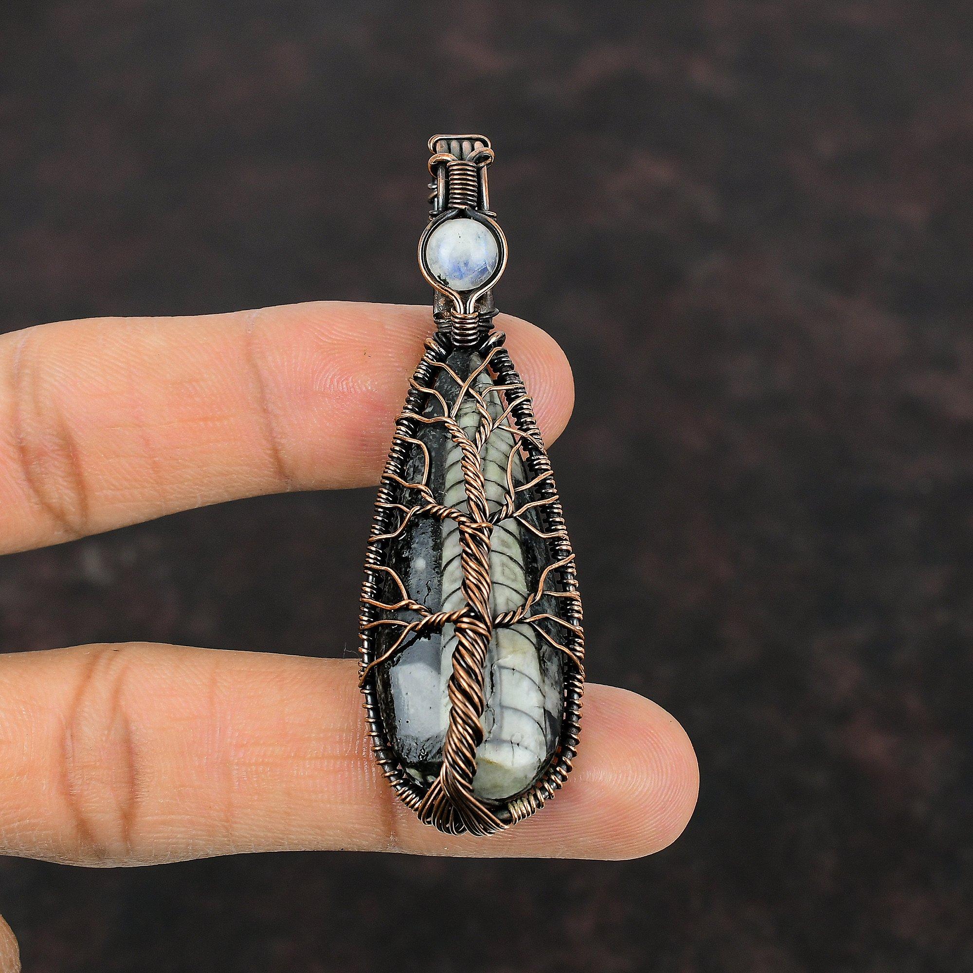 Подвеска из окаменелости ортоцерас «Дерево жизни», подвеска из медной проволоки, подвеска ручной работы из радужного лунного камня, ювелирные изделия из медной проволоки, подвески из драгоценных камней