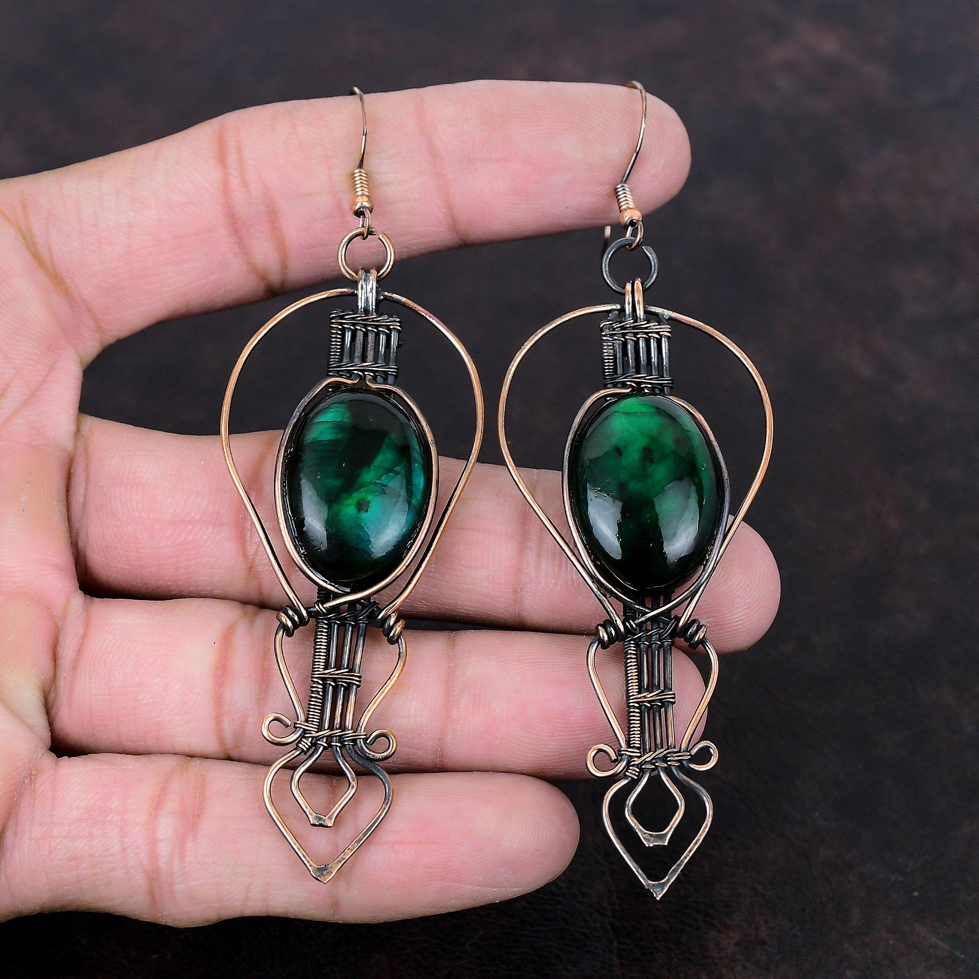 Серьги из зеленого огненного лабрадорита, серьги из медной проволоки, ювелирные изделия из лабрадорита и меди, изящные серьги из драгоценных камней, ювелирные изделия ручной работы, подарок для мамы