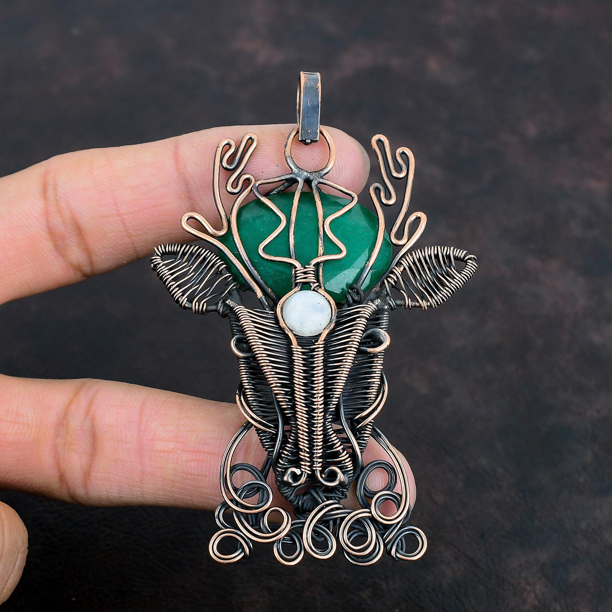 Подвеска с ограненным замбийским изумрудом, подвеска с медной проволокой, подвеска с лунным камнем, ювелирные изделия из драгоценных камней, подвеска ручной работы в виде оленьей морды, подарки на годовщину