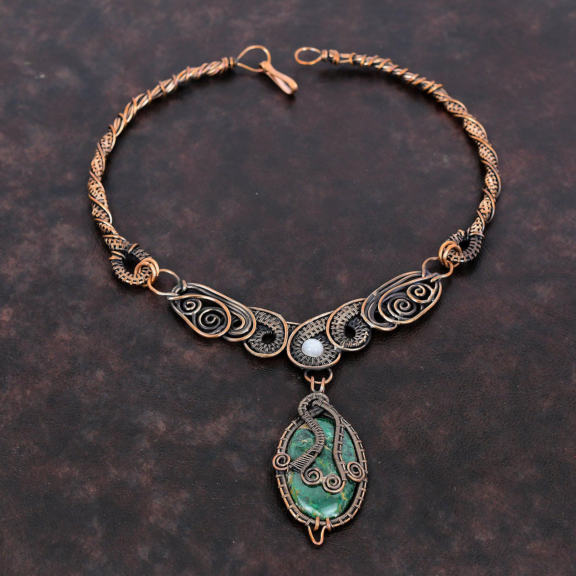 Ожерелье из куприта и хризоколлы, медная проволока, ожерелье из драгоценных камней, медная проволока ручной работы, ювелирные изделия, ожерелье из радужного лунного камня, подарок для мамы