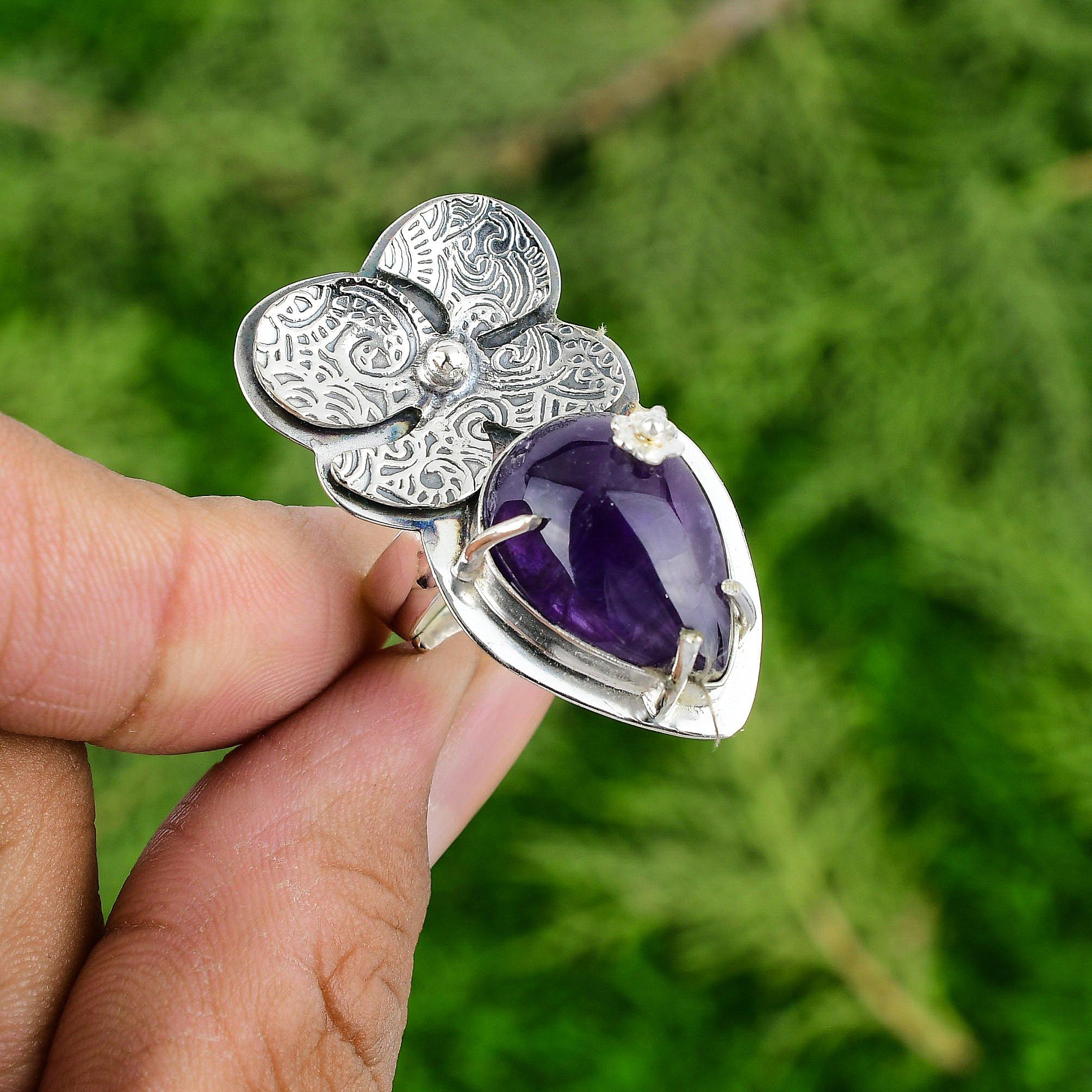 Сделка на День Благодарения Ювелирное украшение Кольцо-цветок из африканского аметиста и серебра 925 пробы