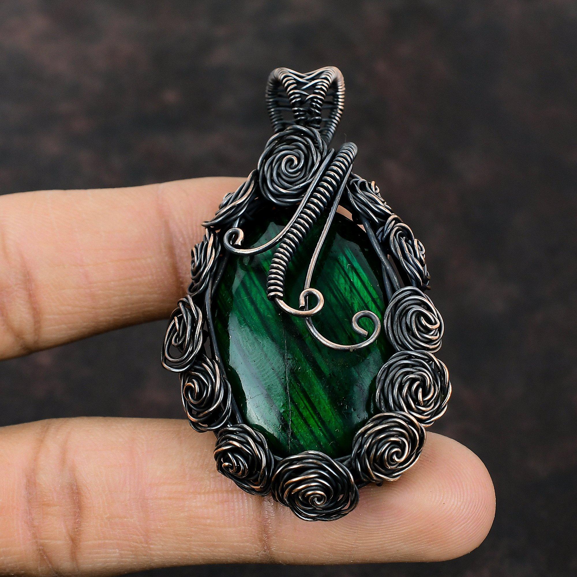 Зеленый огонь, лабрадорит, кулон, медная проволока, кулон, медные украшения ручной работы, оригинальный кулон с драгоценным камнем, проволочная пленка, ювелирный подарок для мамы
