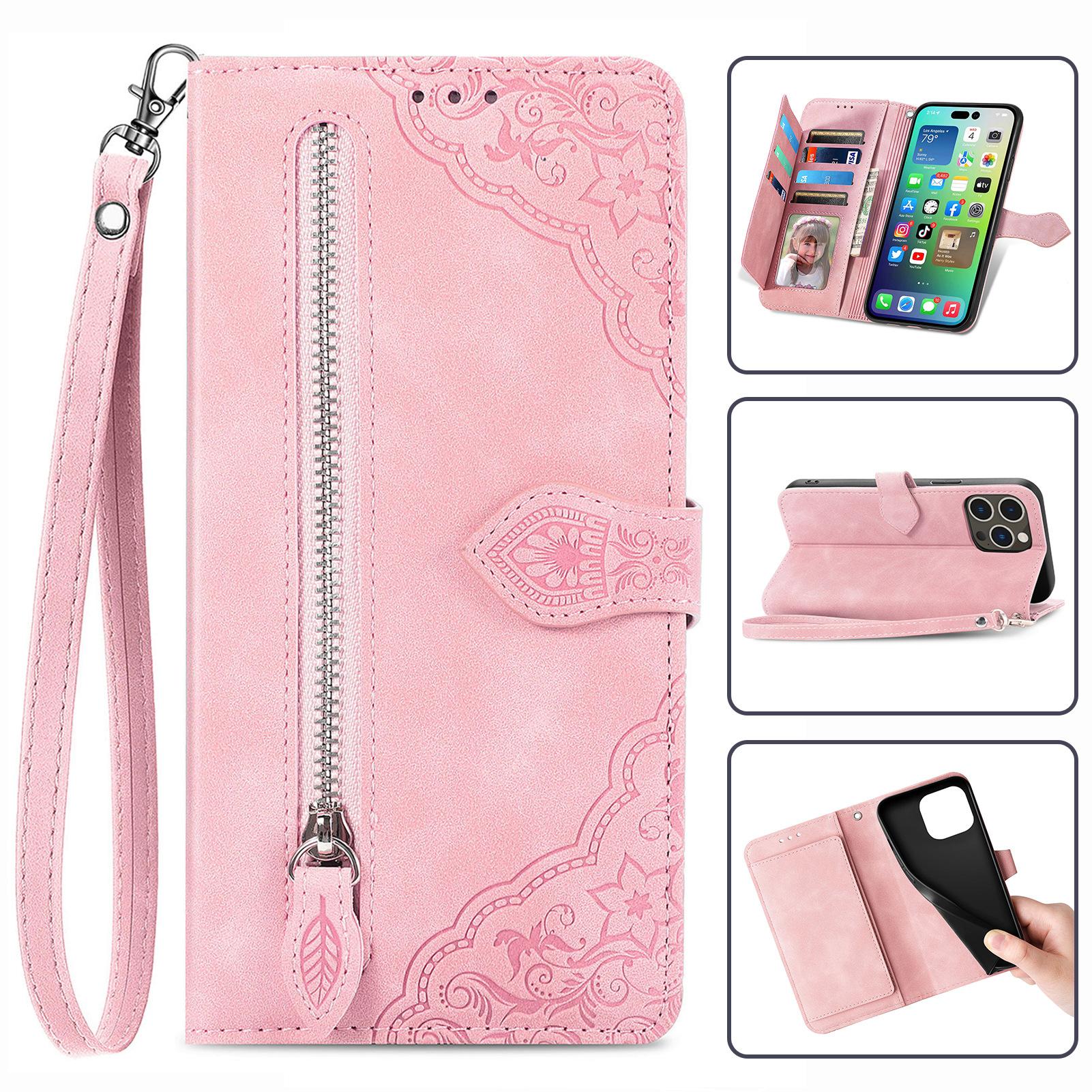 Кошелек на молнии Флип-чехол из кожи для телефона для IPhone 17 Air 16 15 Samsung S25 S24, с держателем для карт, ремешком на запястье, подставкой, тисненым ударопрочным чехлом