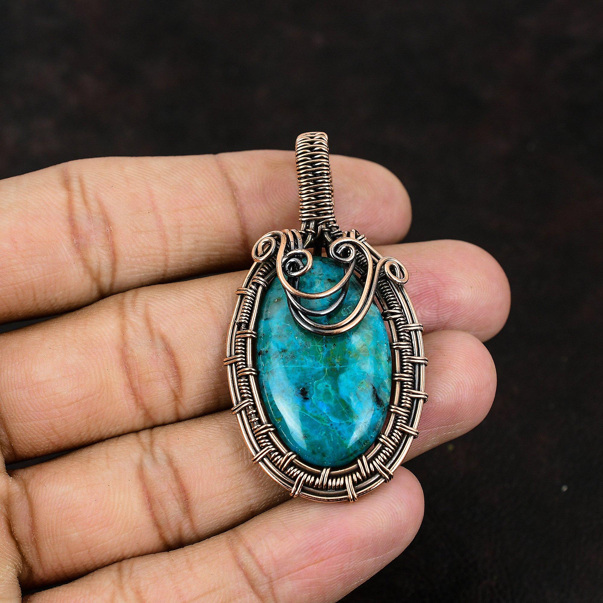 Кулон из хризоколлы, кулон с драгоценным камнем, кулон из медной проволоки, медные украшения, женский кулон ручной работы, подарок для него, подарок из хризоколлы для мамы
