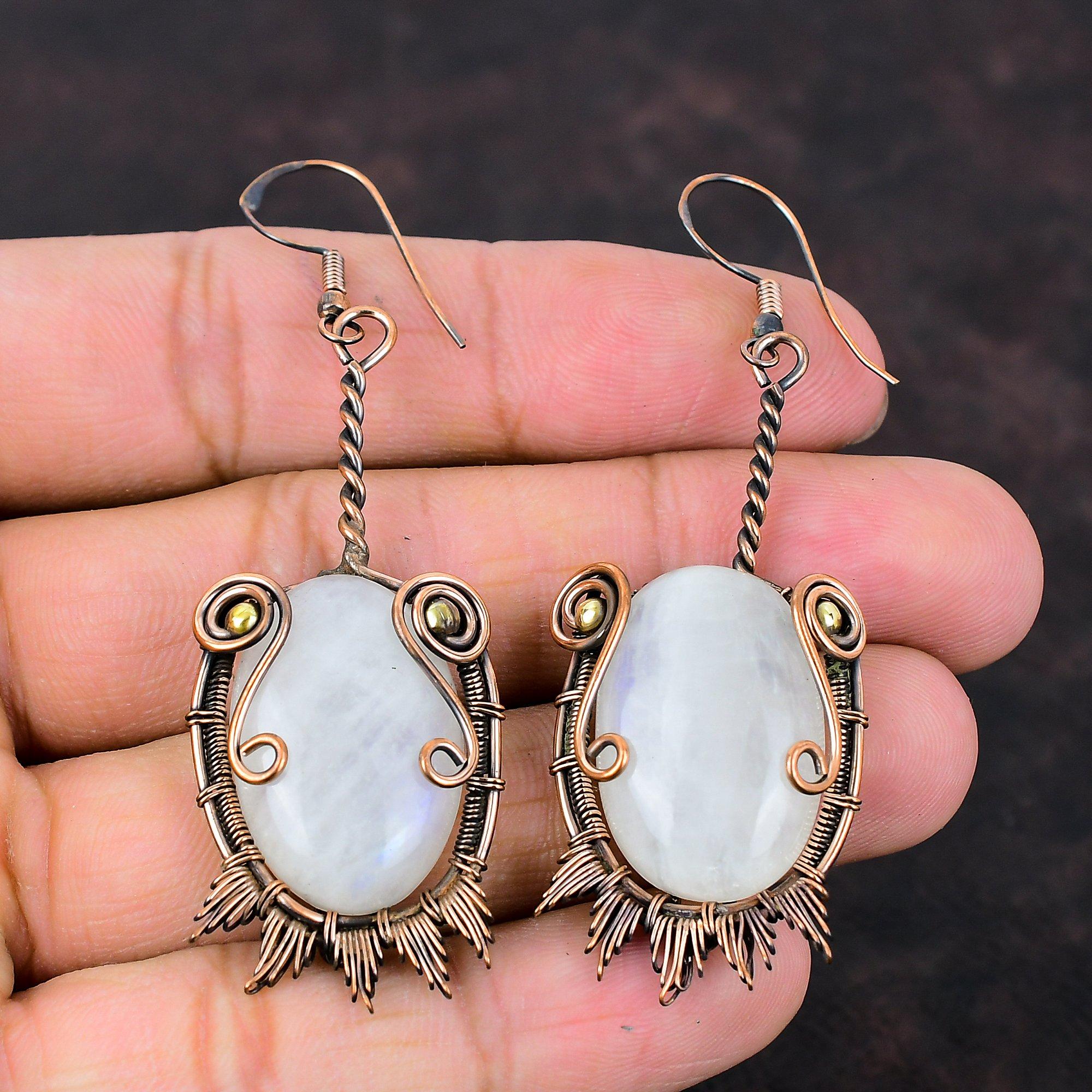 Серьги с радужным лунным камнем, обмотанные медной проволокой, серьги ручной работы, драгоценные камни, серьги из медной проволоки, подарок для нее, совершенно новые серьги