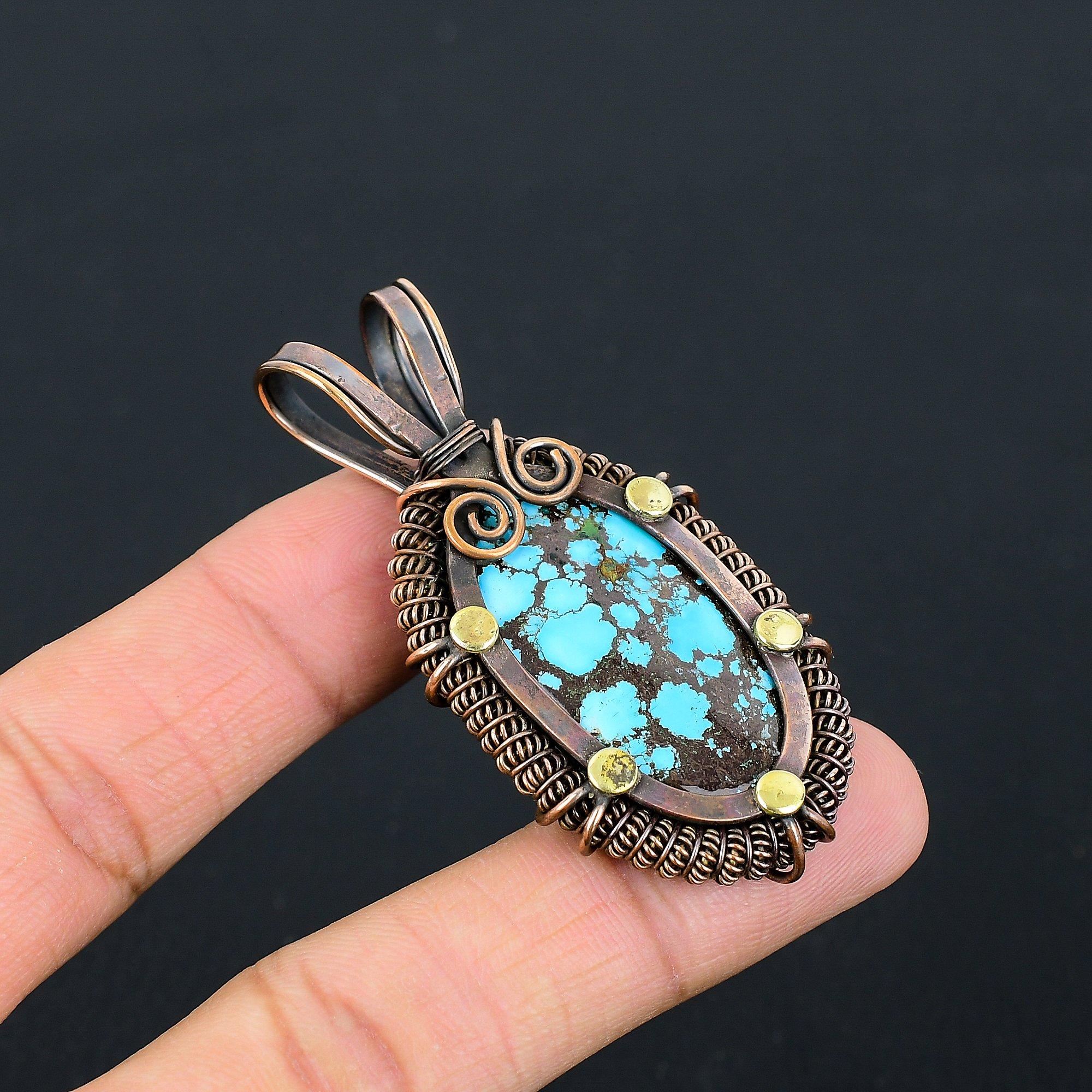 Тибетский бирюзовый драгоценный камень Чистая медная проволока Обернутая ювелирная подвеска ручной работы