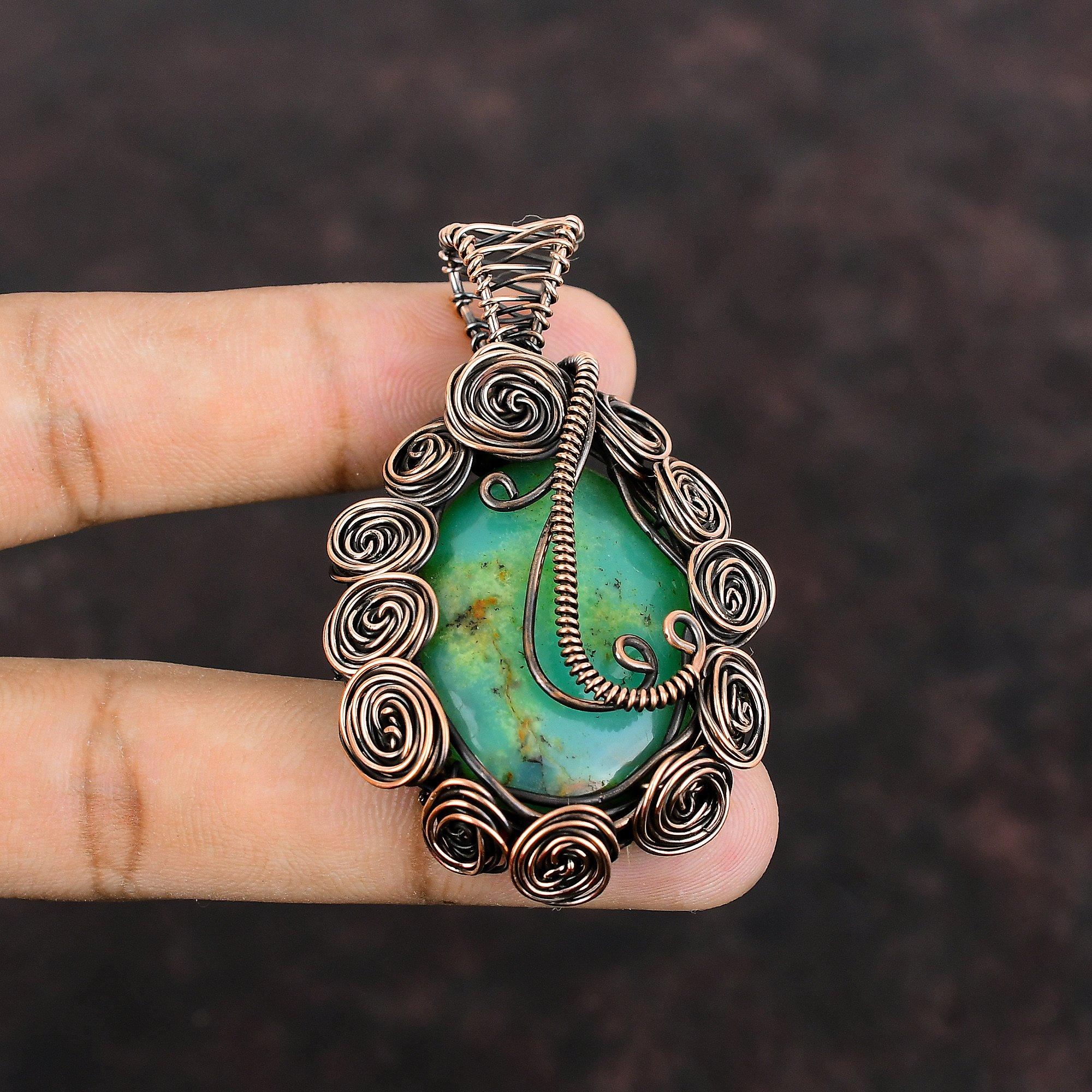 Подвеска из хризопраза, обернутая медной проволокой, подвеска из настоящего драгоценного камня, подвеска ручной работы, обернутая медной проволокой, изящная подвеска, подарок для мамы