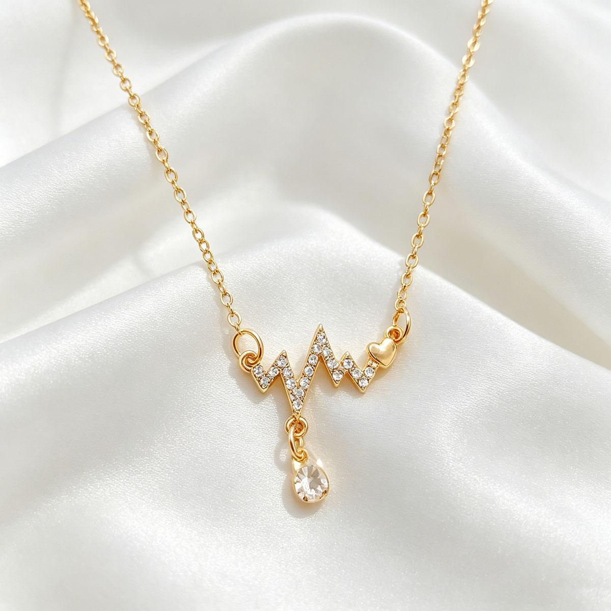 Heartbeat Gold Necklace for Women, Simple Elegant Design, ECG Style Niche Fashion Internet Celebrity Cold Tone Collarbone Chain Trendy