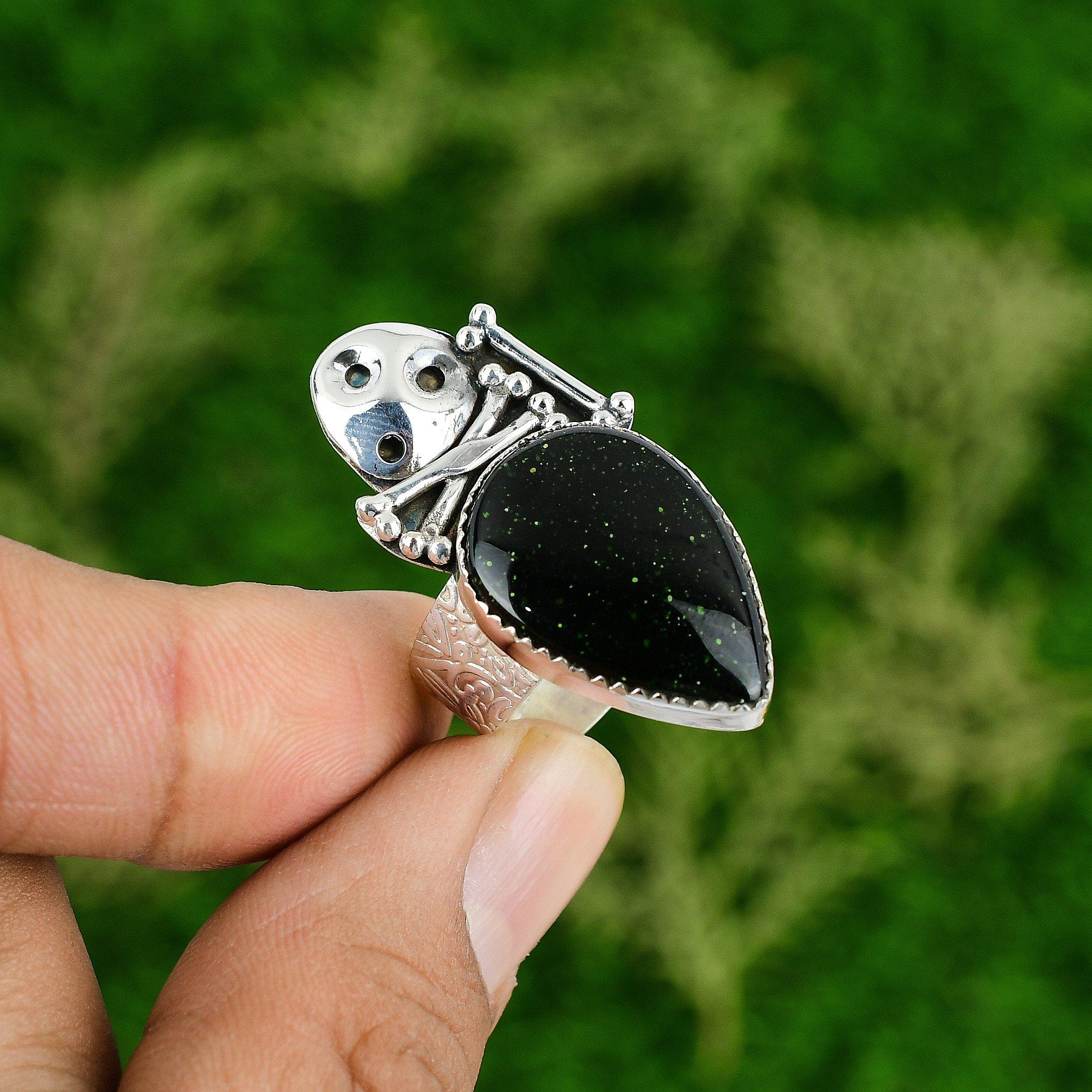 925 Silver Natural Green Sunstone Stackable Skull And Bone Adjustable Ring