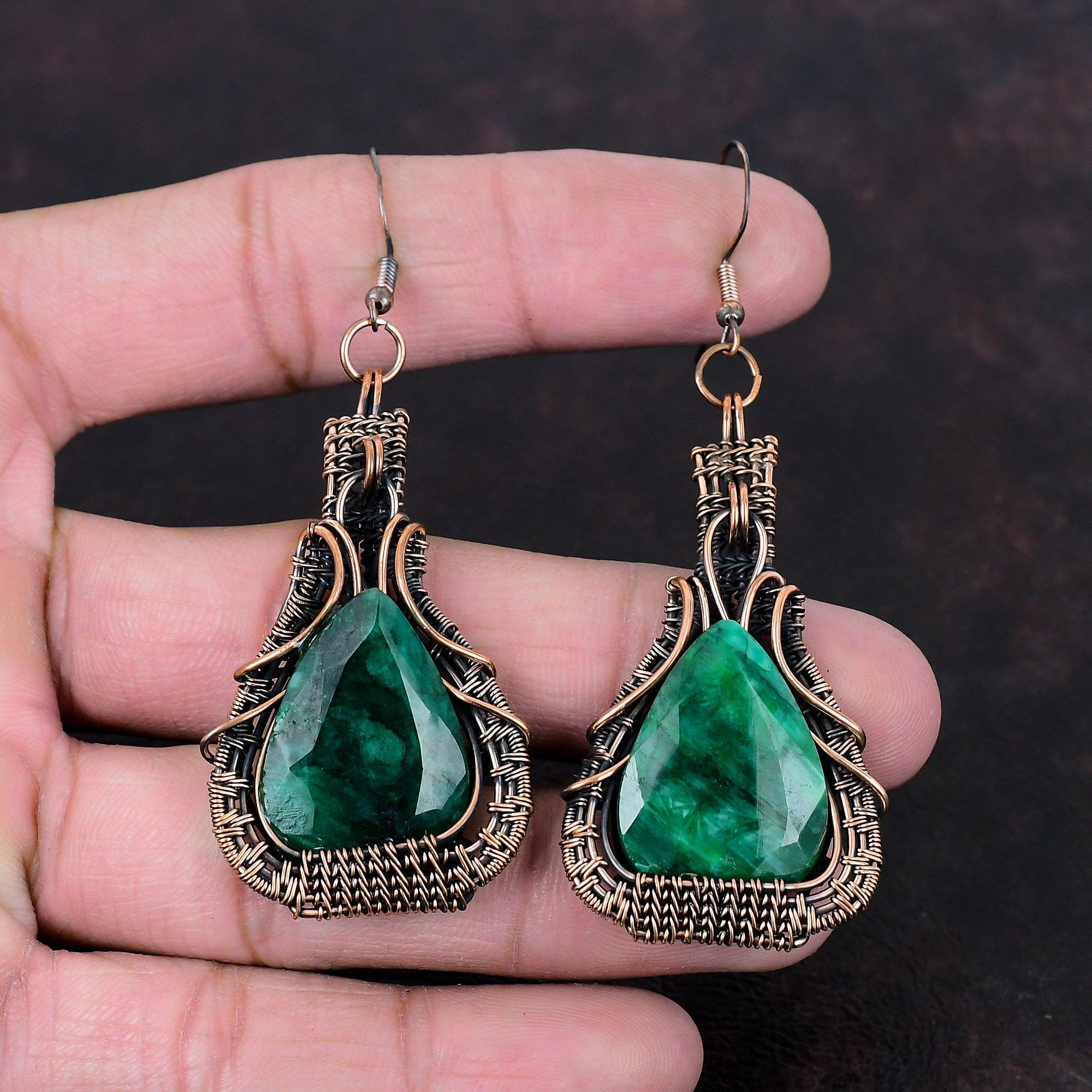 Граненые серьги с замбийским изумрудом, серьги из медной проволоки, медные украшения, серьги ручной работы из натурального драгоценного камня, подарок для мамы, ювелирные изделия из проволочной обмотки
