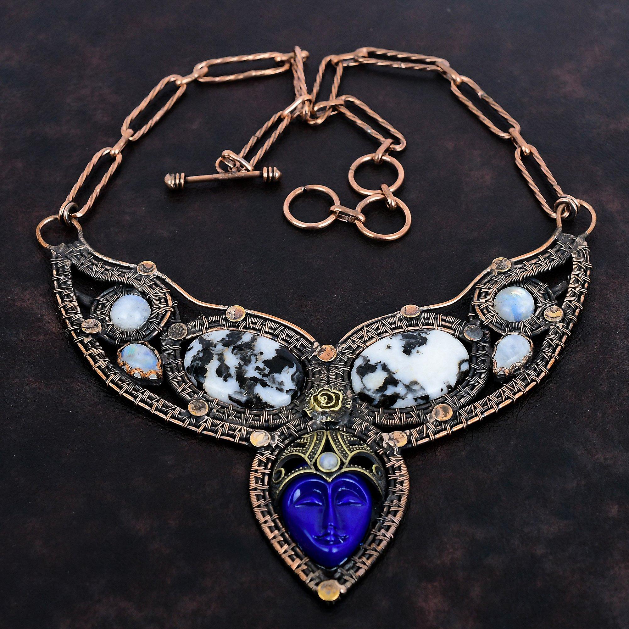 Blue Carved Bone Face Necklace Copper Wire Wrapped Gemstone Jewelry Adjustable Chain Necklace White Buffalo Turquoise And Moonstone Necklace