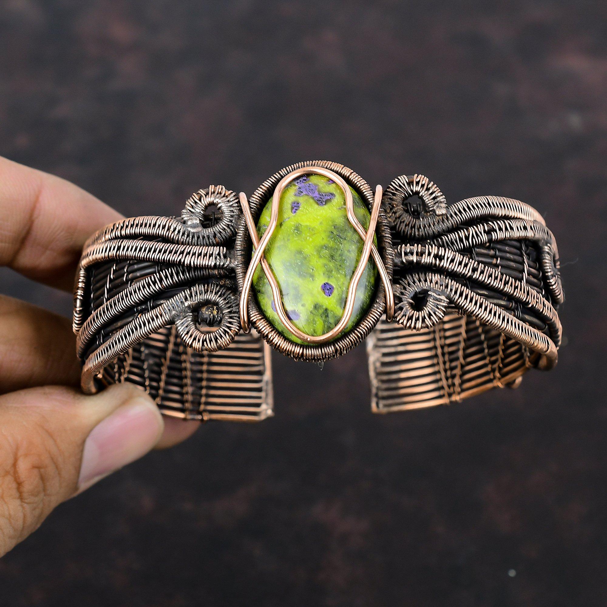 Стихтит Браслет-манжета Браслет-манжета из медной проволоки Регулируемый браслет ручной работы Браслет-манжета из драгоценного камня Изящный медный ювелирный браслет для женщин