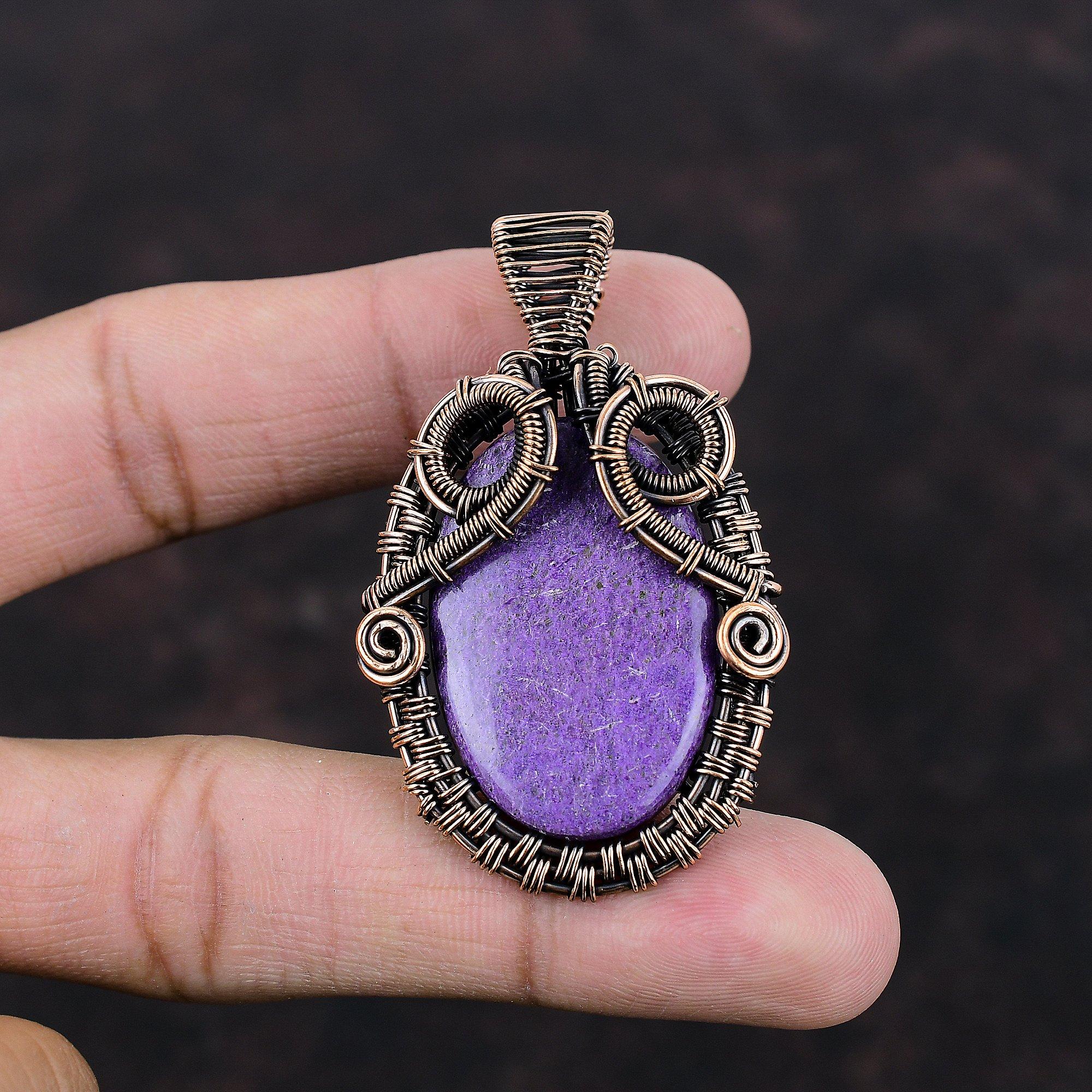 Пурпуритовый кулон, медная проволока, обернутая драгоценным камнем, ювелирный дизайнерский кулон, обернутая проволокой подвеска, кулон ручной работы, подарок для женщин, медный кулон