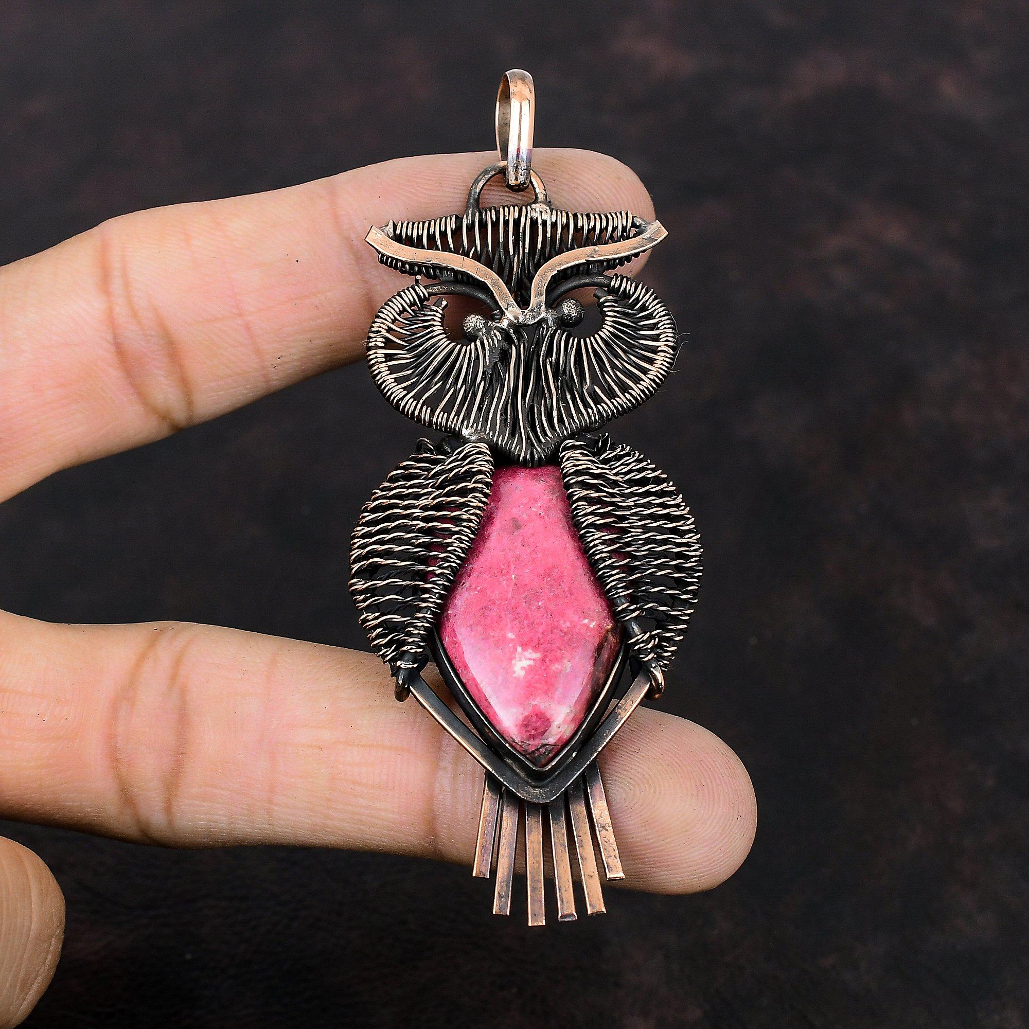 Thulite Pendant Copper Wire Wrapped Pendant Gemstone Pendant Handmade Thulite Jewelry Beautiful Owl Pendant Copper Wire Jewelry Wedding Gift