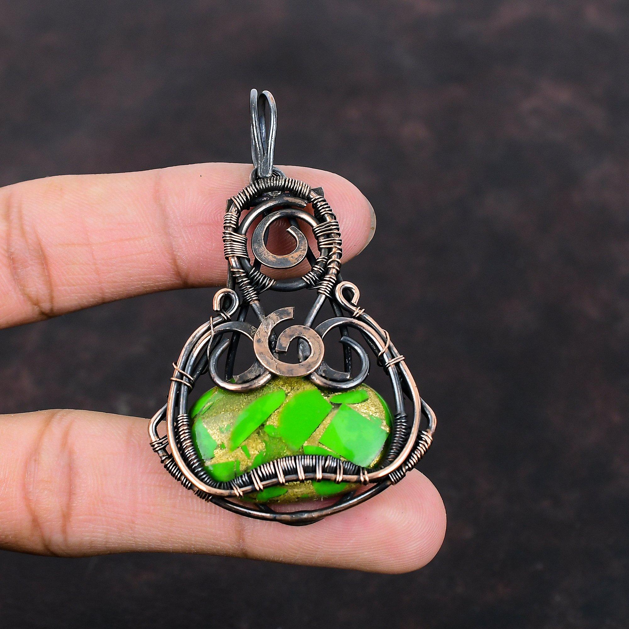 Медный Зеленый Бирюзовый Камень Подвеска Медная Проволока Обернутая Подвеска Ручная Работа Бохо Украшения Последний Дизайн Подвеска Подарок Для Нее Медные Украшения