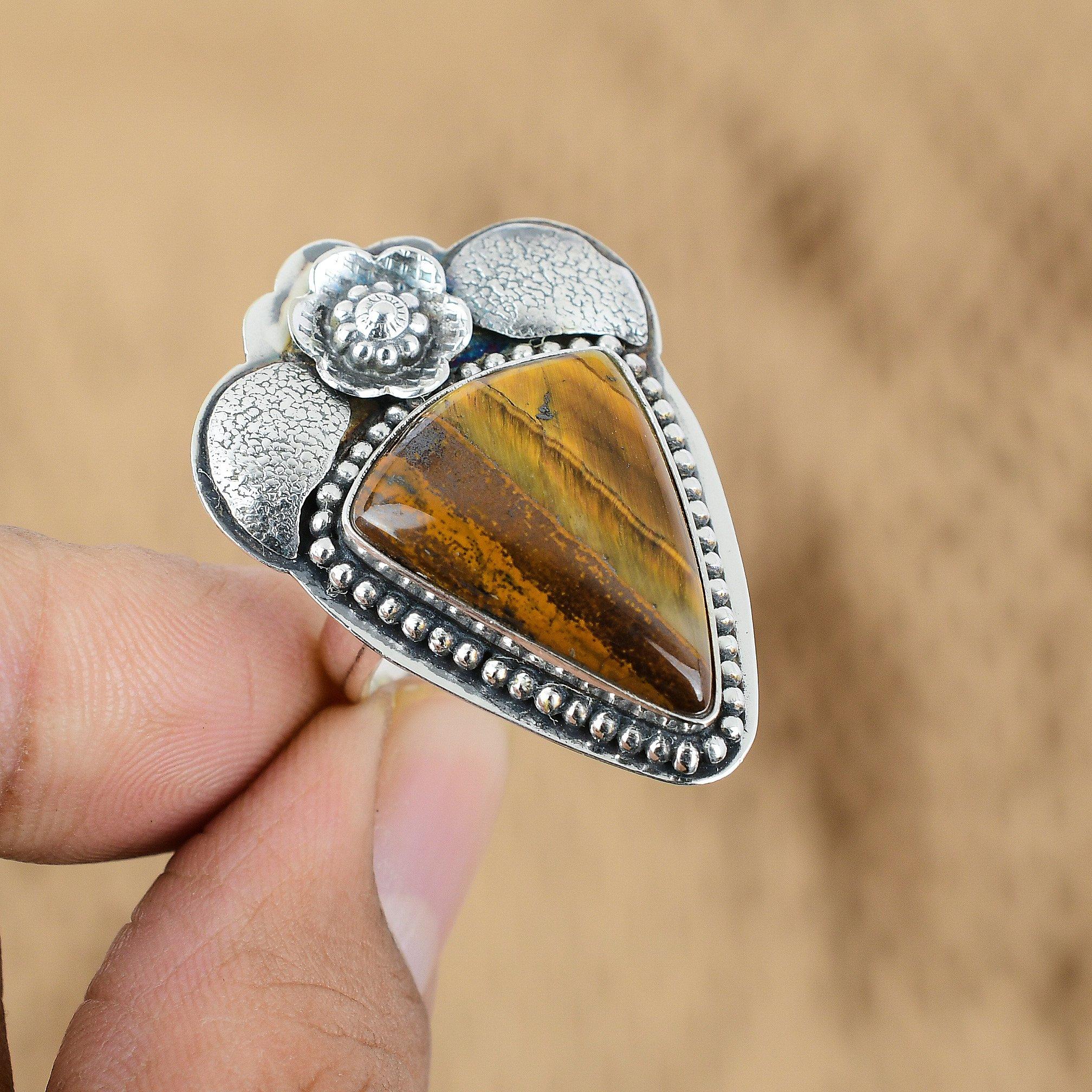 Подарок для нее Натуральный Тигровый глаз Мульти камень Цветок Регулируемое кольцо 925 серебро