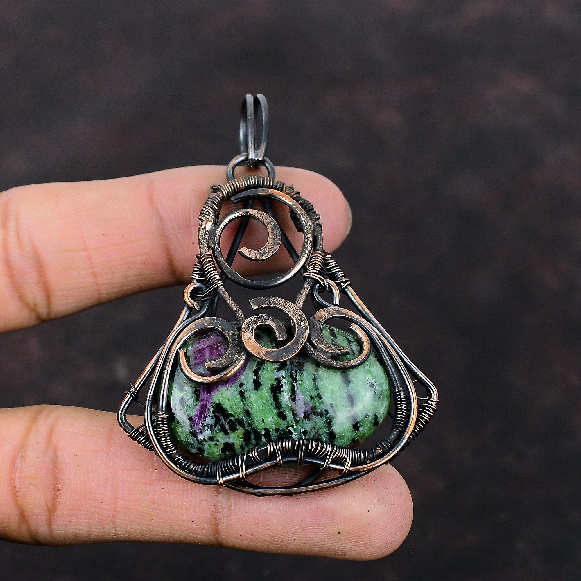 Подвеска из рубина и цоизита, подвеска из медной проволоки, свадебное украшение, подвеска из настоящего драгоценного камня, медная бижутерия, подвеска ручной работы, подарок на особый случай