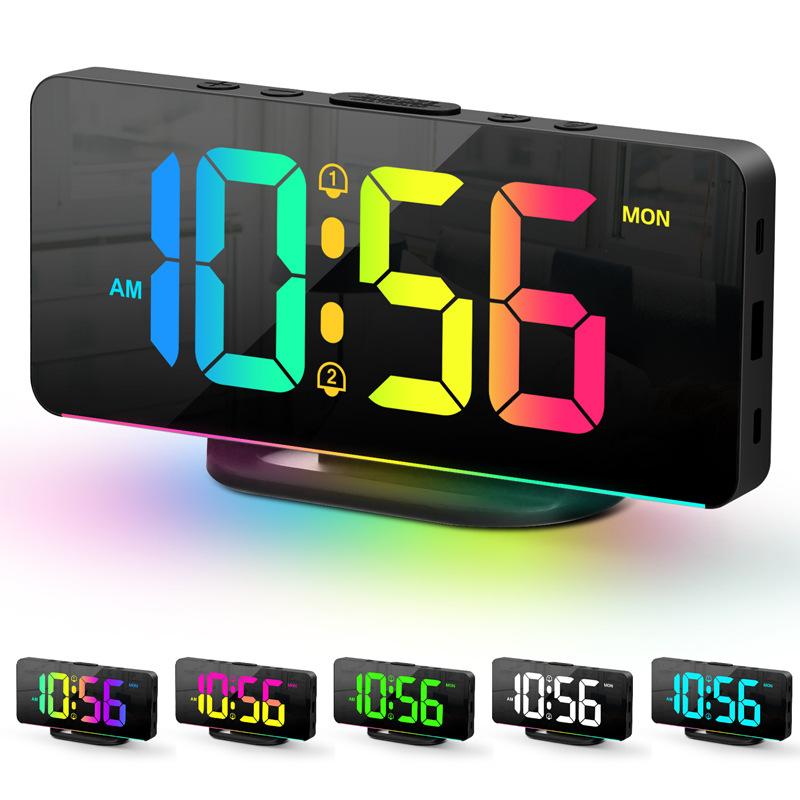 RGB Digital Alarm Clock with RGB Mood Light 2 Alarm Night Mode Unlimited Snooze Table Clock 12/24H Output USB Type-C Charging LED Clock