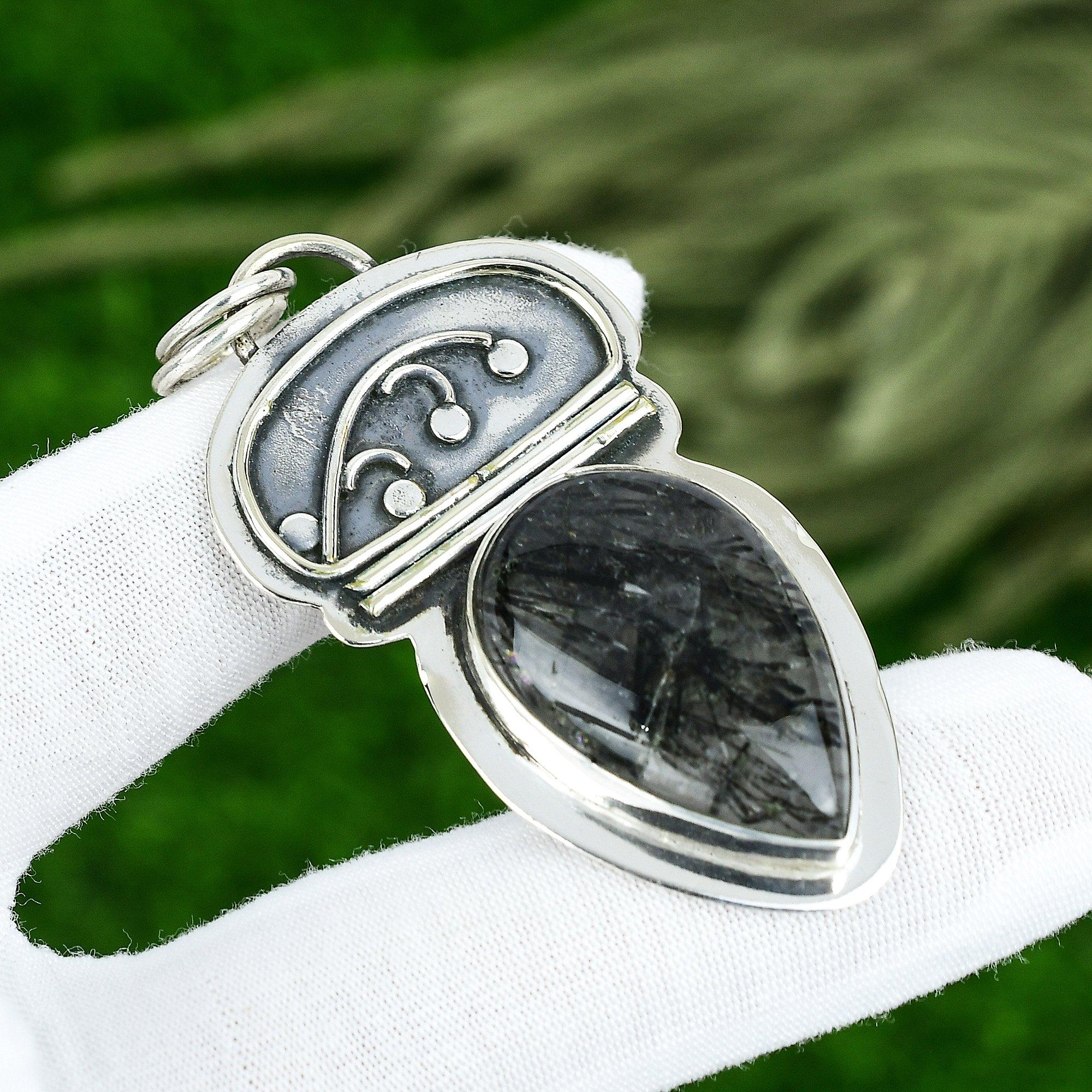 Sisters Day Deal Sterling Silver Black Rutile Stone Handcrafted Pendant Jewelry