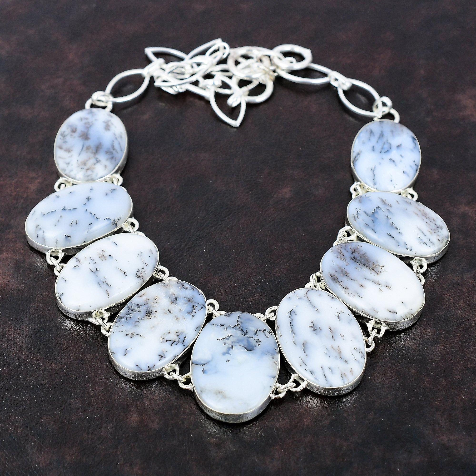 Дендрит Опал Ожерелье Стерлингового Серебра 925 Ожерелье Регулируемая Цепочка Ручной Работы Ожерелье Из Натурального Драгоценного Камня Ювелирные Изделия Подарок Для Жены Серебряные Ювелирные Изделия