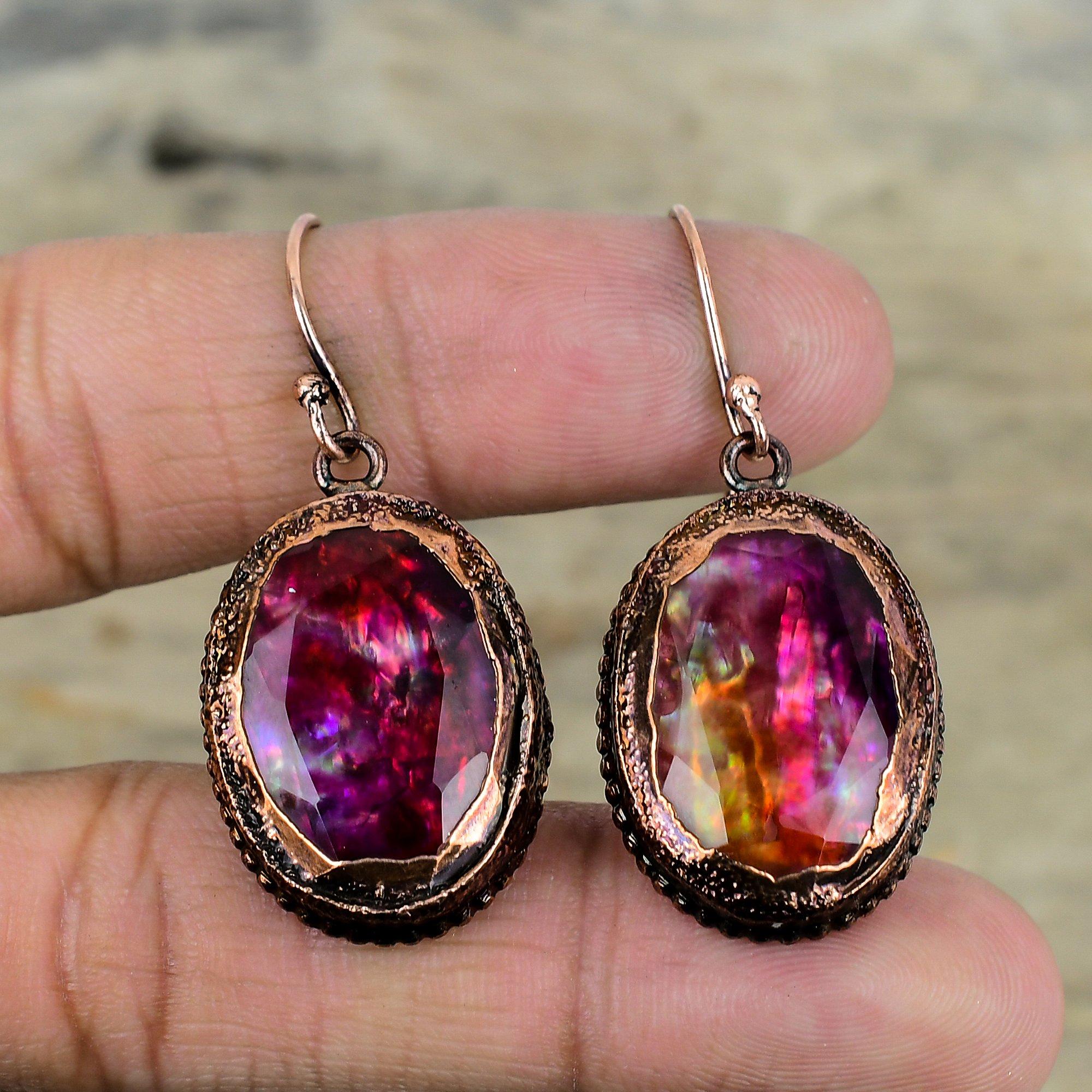 Граненые серьги с аммолитом, медные серьги, полученные электроформованием, ювелирные изделия с драгоценными камнями, изящные серьги, серьги ручной работы, ювелирные изделия, изготовленные методом гальванопластики, подарки для нее