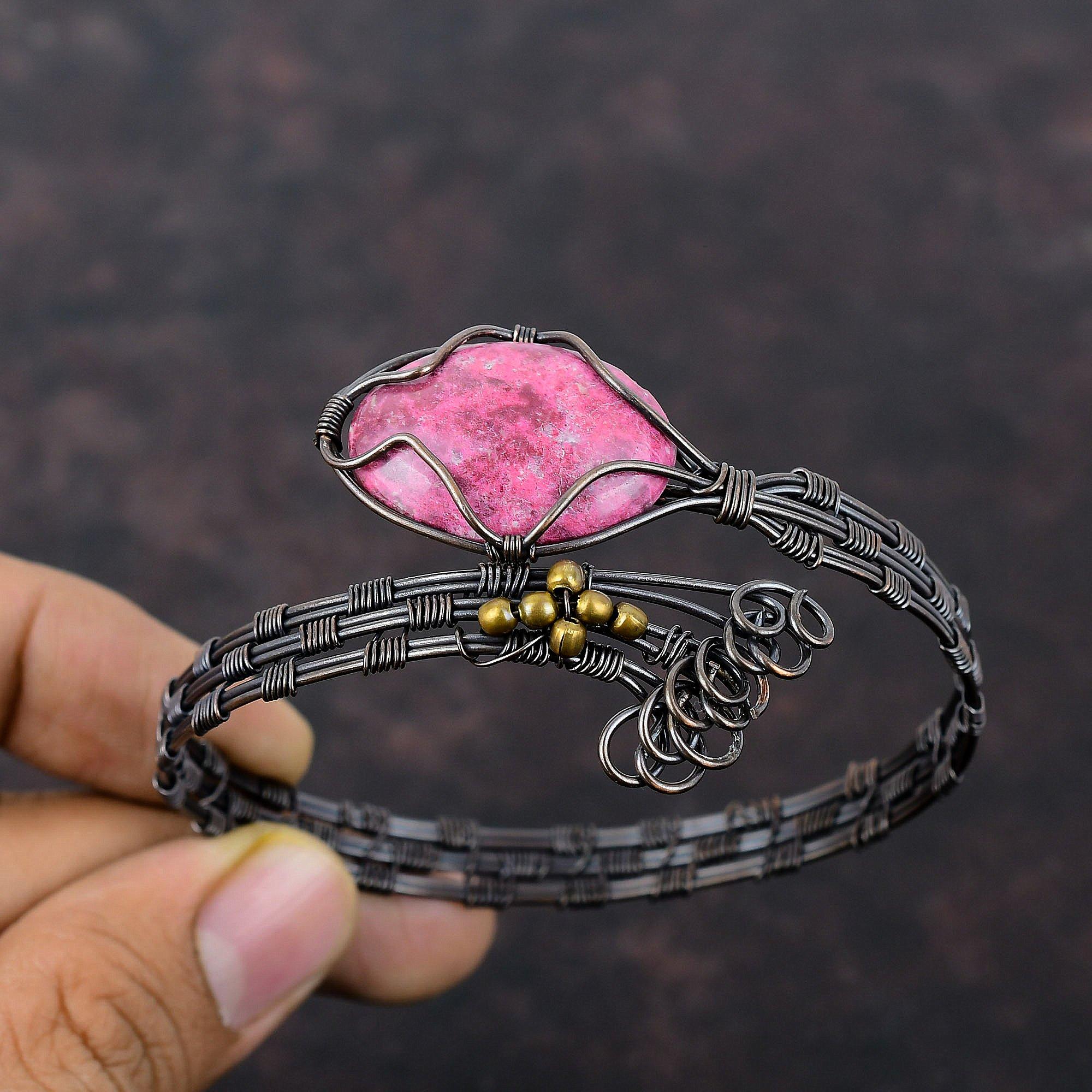 Браслет-манжета из драгоценных камней Тулит, браслет-манжета из медной проволоки, регулируемый браслет, ювелирные изделия из медной проволоки Тулит, подарок для нее, браслет ручной работы