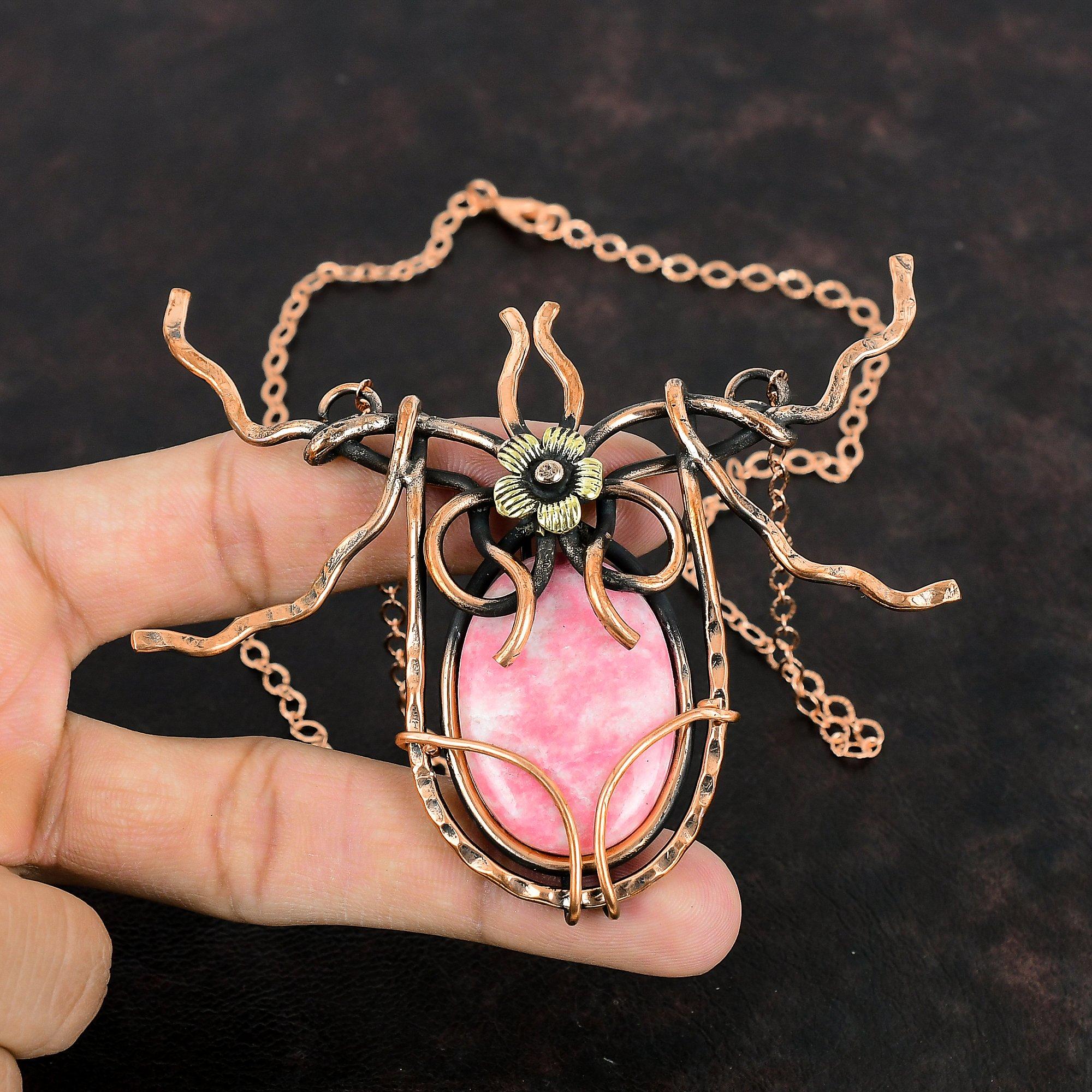 Thulite Gemstone Necklace Copper Wire Wrapped Handmade Jewelry Adjustable Chain Necklace Copper Wire Wrap Necklace Antique Jewelry For Gifts