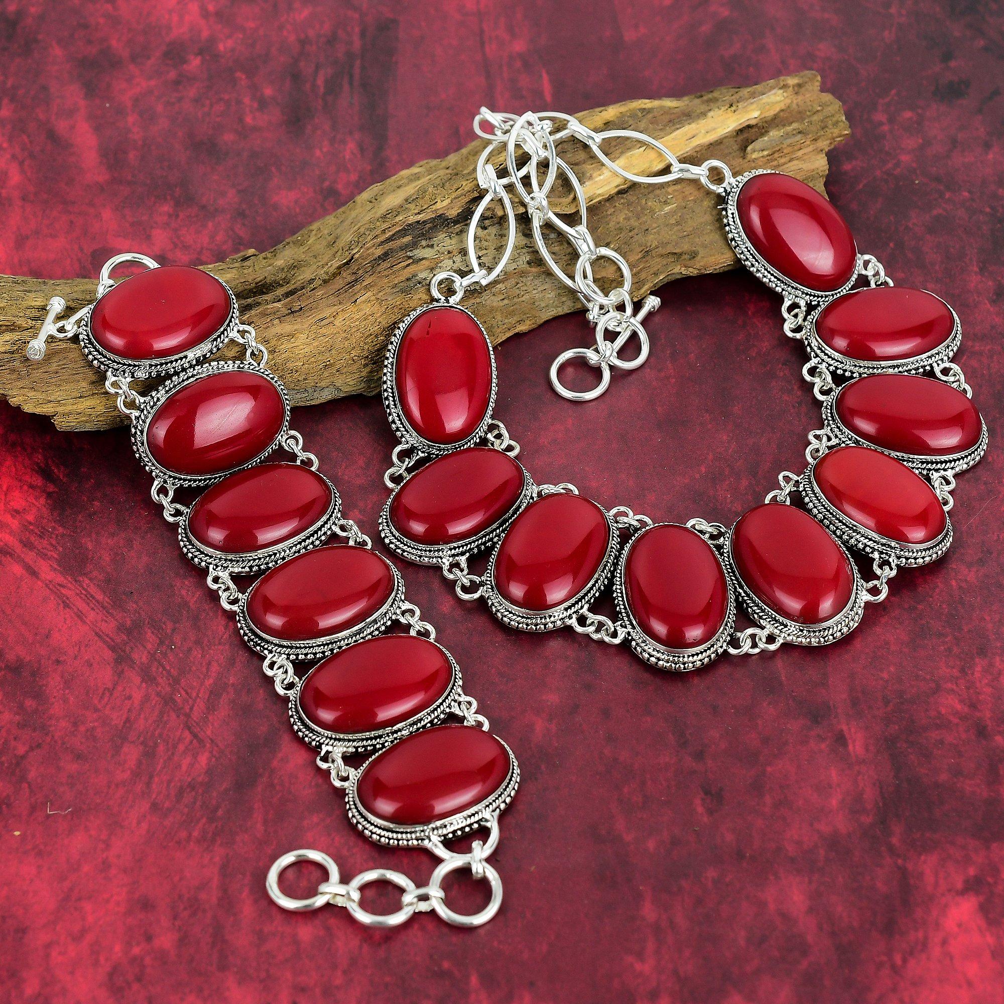 Red Coral 925 Solid Sterling Silver Jewelry, Handmade Bracelet & Necklace Jewelry Set For Women, Beauteous Red Coral Gemstone Jewelry For Her
