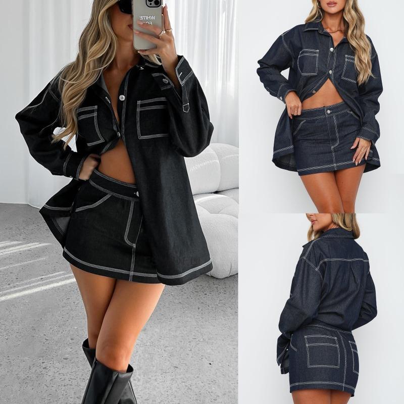 Vintage Denim 2 Piece Sets Women's Mini Skirts Polo Collar Long Sleeve Pockets Tops Hip Package Skirt Lady Streetwear 2025 Spring Summer