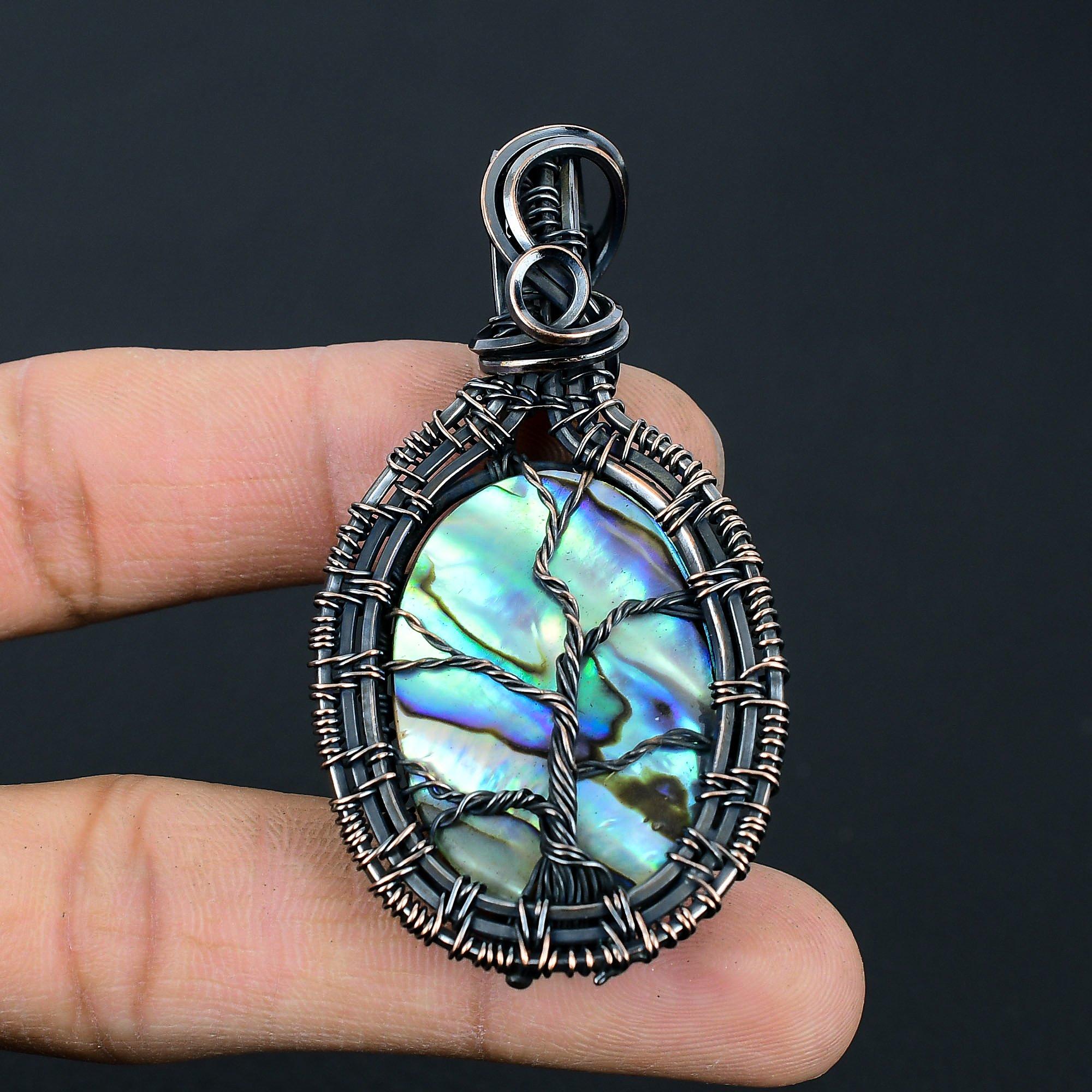 Tree Of Life Abalone Shell Gemstone Handmade Pure Copper Wire Wrap Amazing Jewelry Pendant