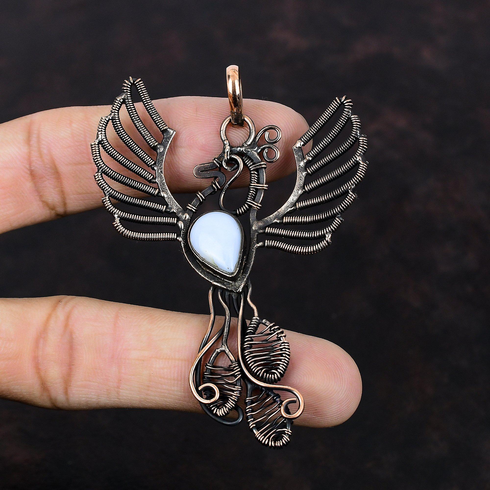 Подвеска из голубого кружевного агата, подвеска из медной проволоки, подвеска ручной работы в виде птицы Феникс, подвеска из драгоценного камня, подарок для женщин, очень красивые медные украшения