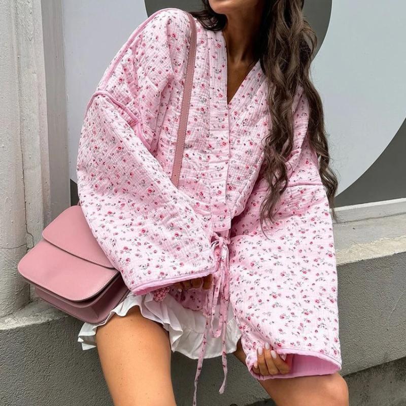 Женское милое повседневное хлопковое пальто с V-образным вырезом на шнуровке с цветочным принтом и длинными рукавами, куртка осень-зима, свободная теплая верхняя одежда