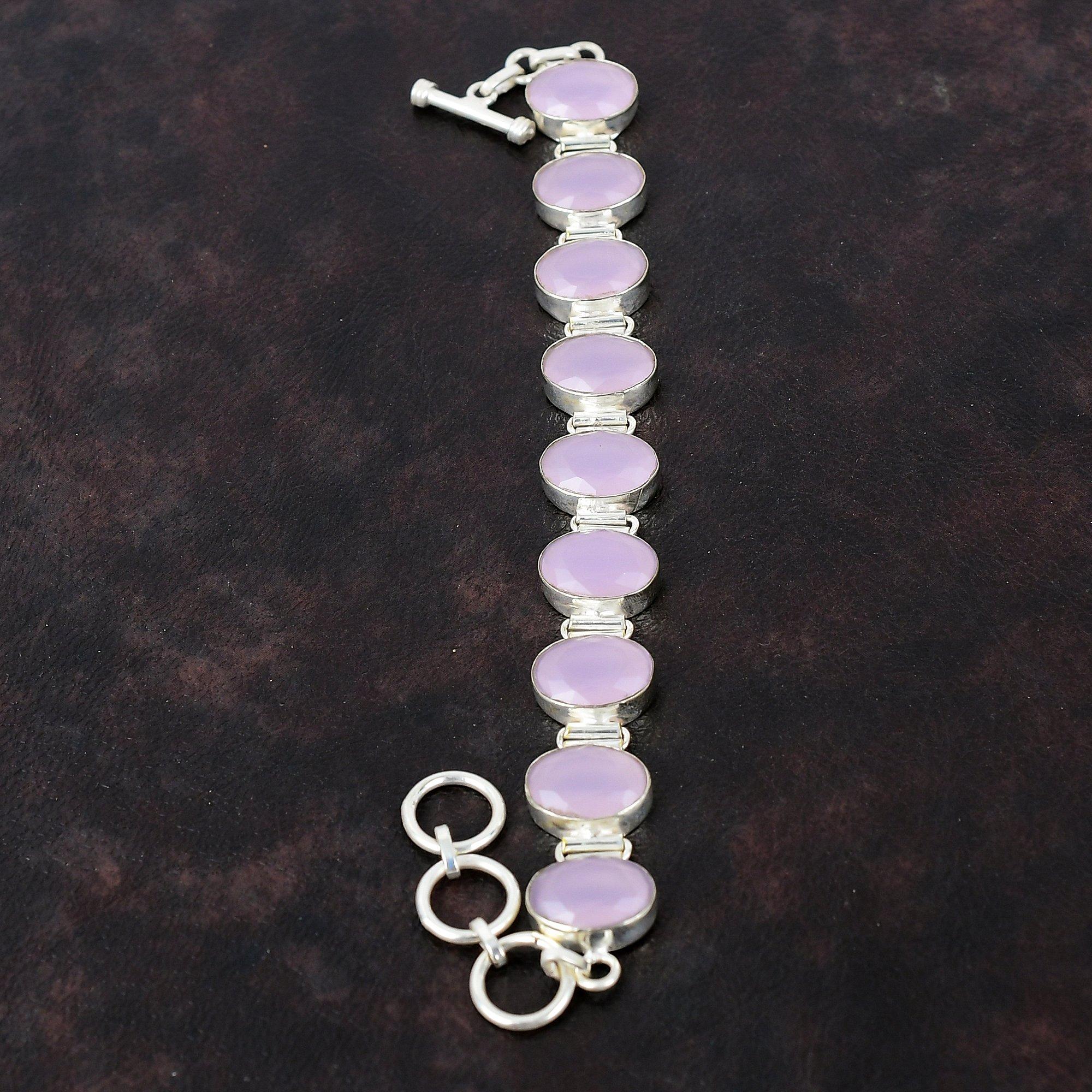 Граненый браслет из розового халцедона Браслет из настоящего драгоценного камня Браслет из стерлингового серебра 925 пробы Регулируемый браслет-цепочка Ювелирные изделия ручной работы Подарок для нее