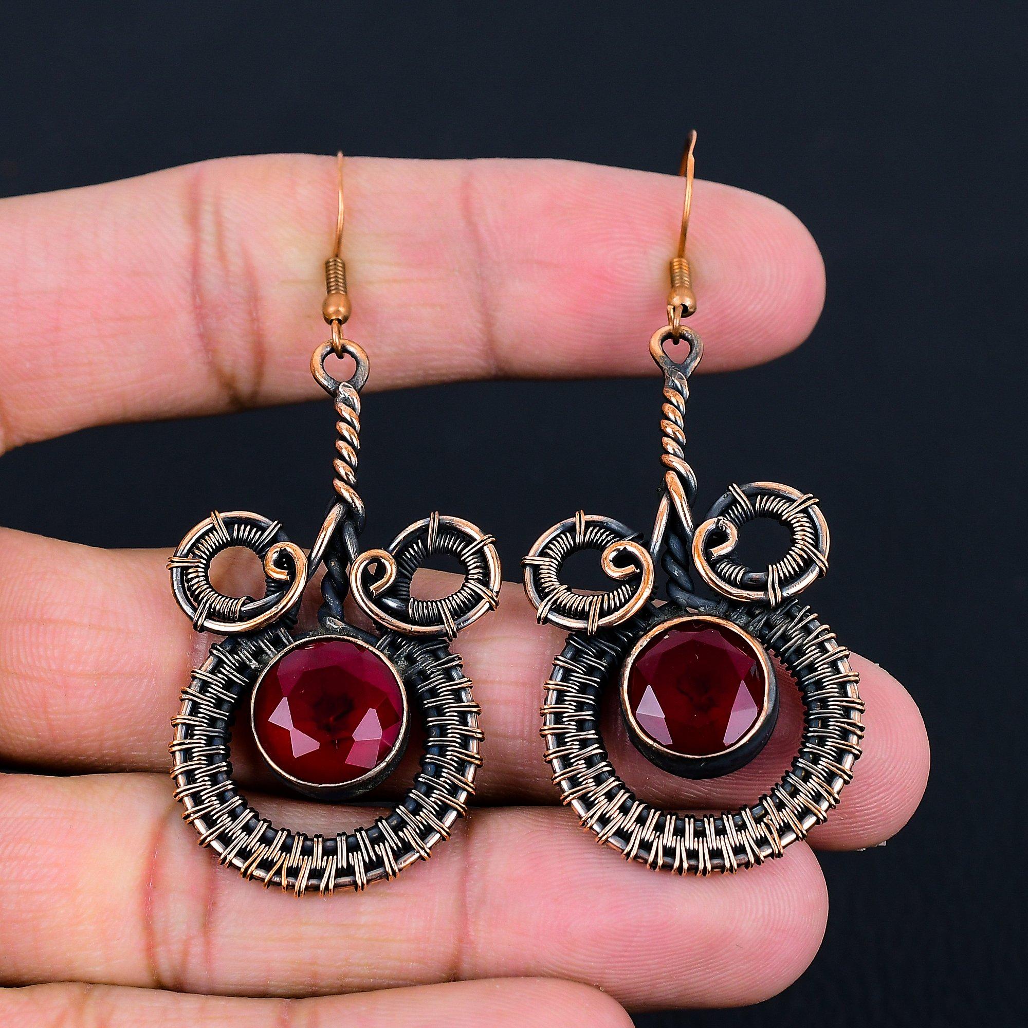 Lab-Created Ruby Gemstone Handmade Pure Copper Wire Wrapped Earrings Jewelry