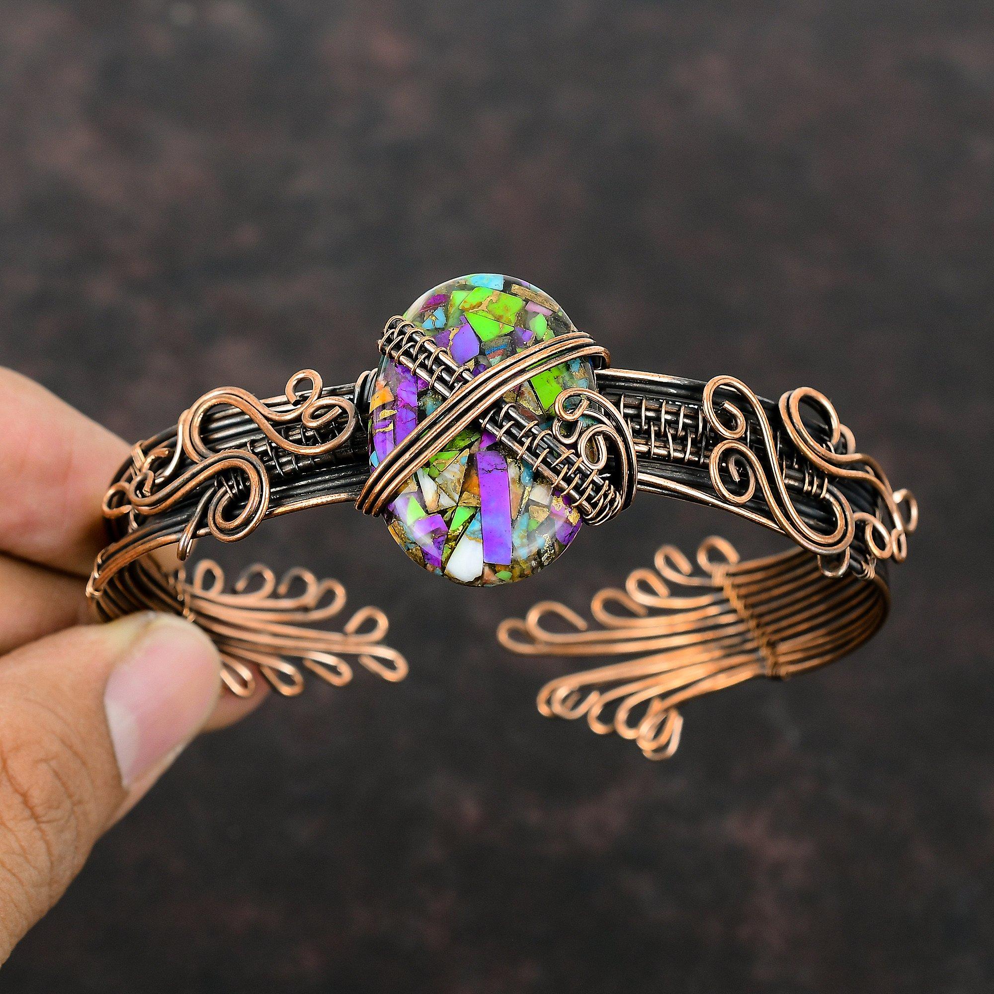 Fiesta Kingman Бирюзовый браслет Медная проволока Обернутый браслет Мультимедный бирюзовый браслет-манжета Регулируемый браслет Ювелирные изделия с медными драгоценными камнями