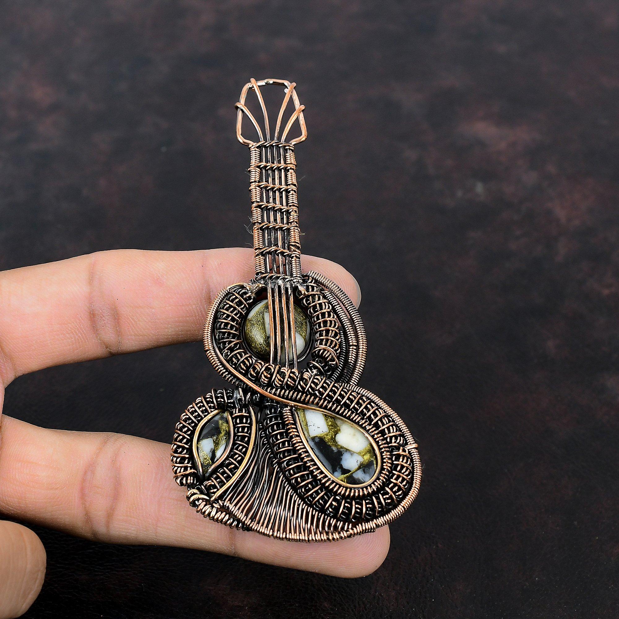 Медный кулон Черный и Белый Бирюзовый Кулон из медной проволоки Кулон в виде гитары Кулон с драгоценным камнем Медные украшения ручной работы Подарок для мамы