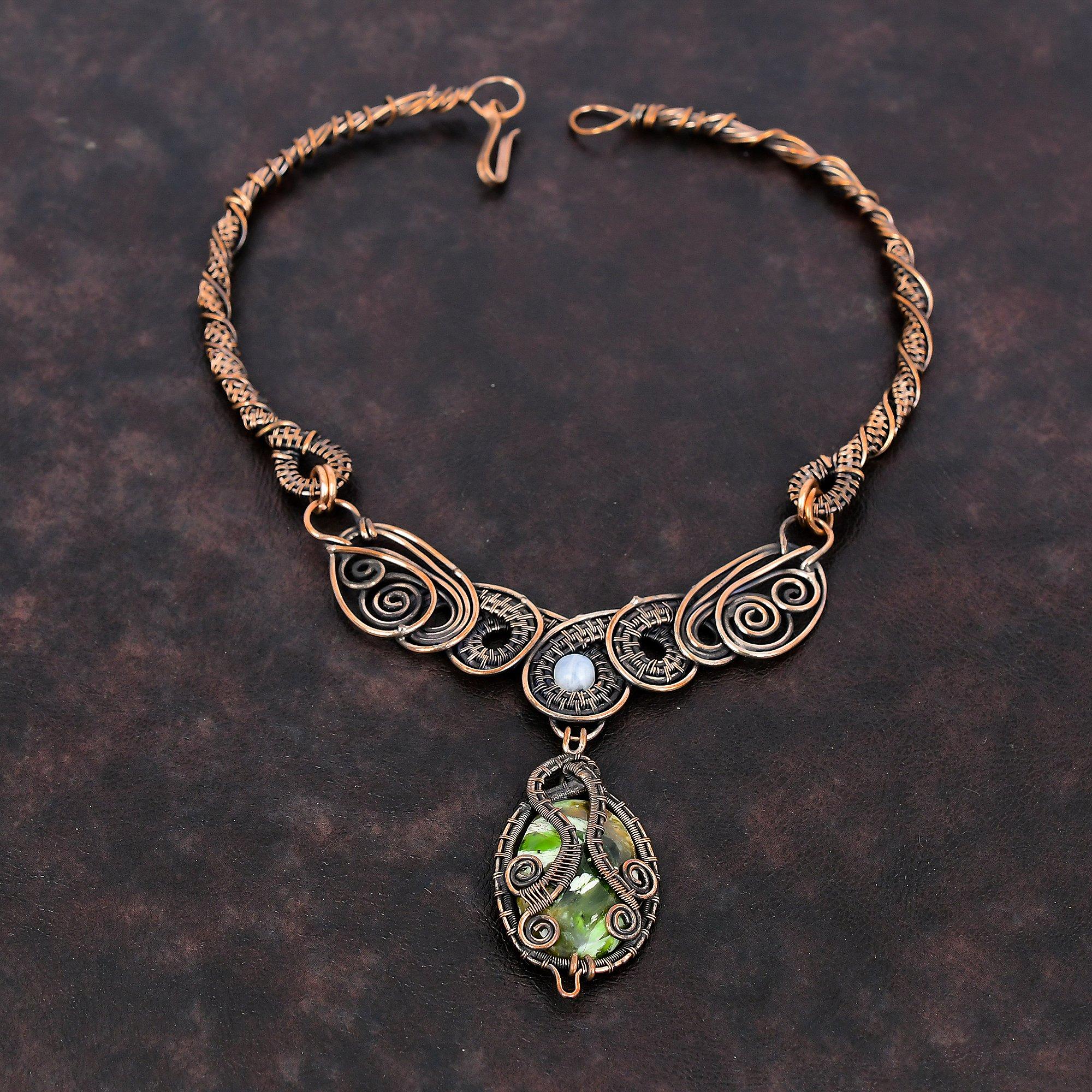 Australian Chrome Chalcedony Necklace Copper Wire Wrapped Necklace Rainbow Moonstone Gemstone Necklace Handmade Copper Jewelry Gift For Wife