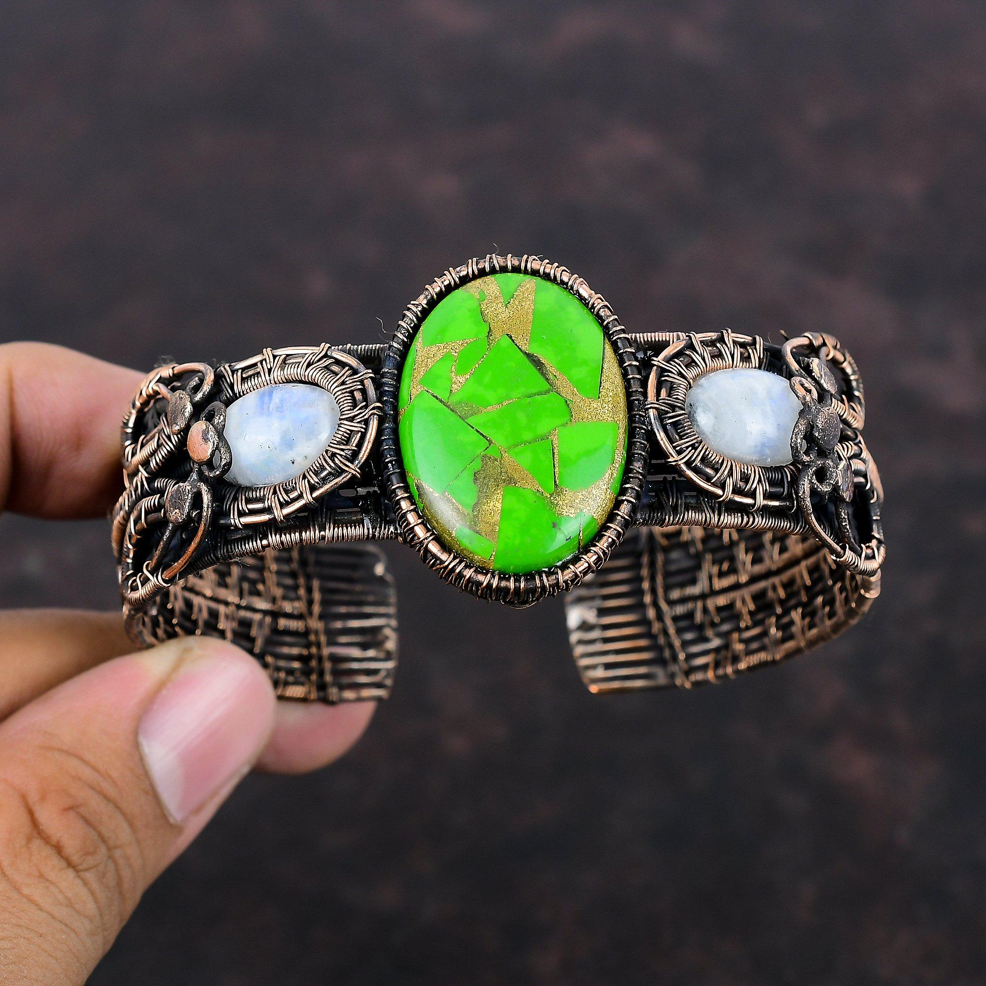 Медно-зеленый бирюзовый браслет-манжета, регулируемый браслет с медной проволокой, браслет ручной работы с радужным лунным камнем, ювелирные изделия из драгоценных камней, подарок для мамы