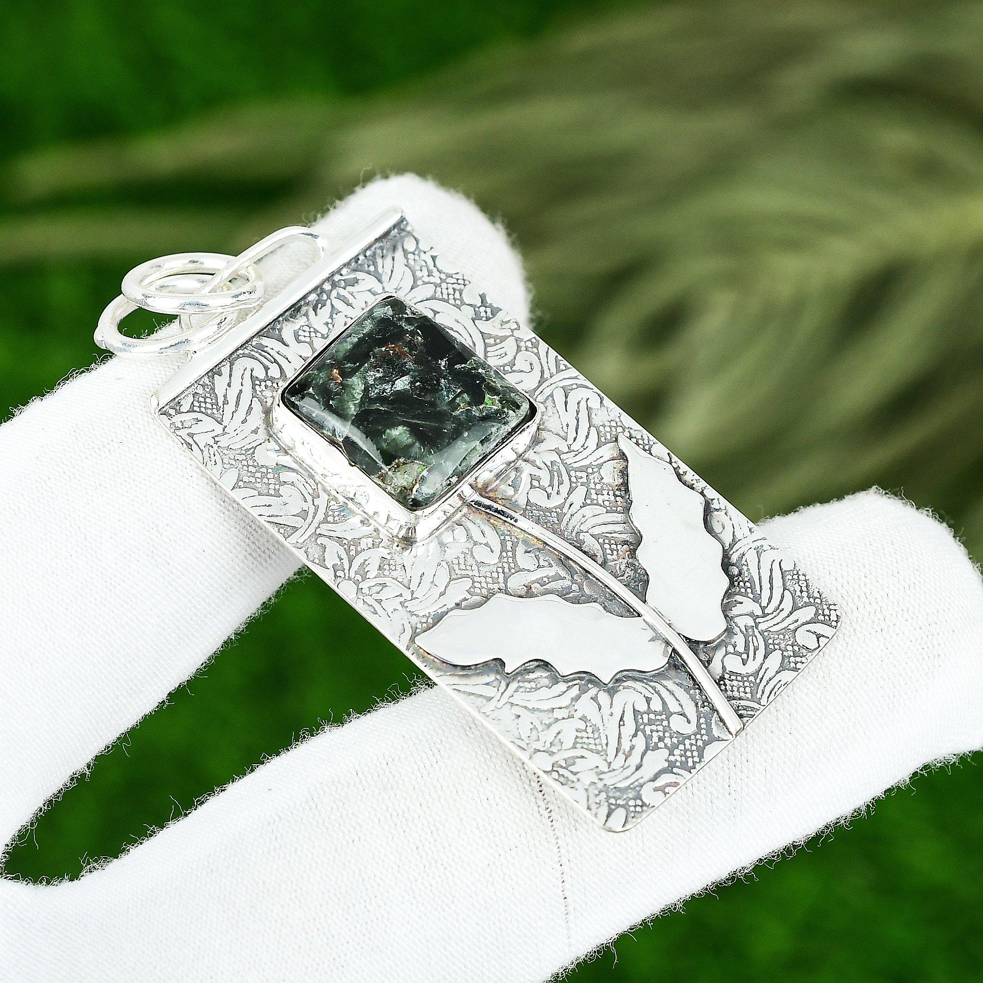 Сделка ко Дню памяти Камень Серафинит Мать Бохо Подвеска Ювелирные изделия Стерлинговое серебро