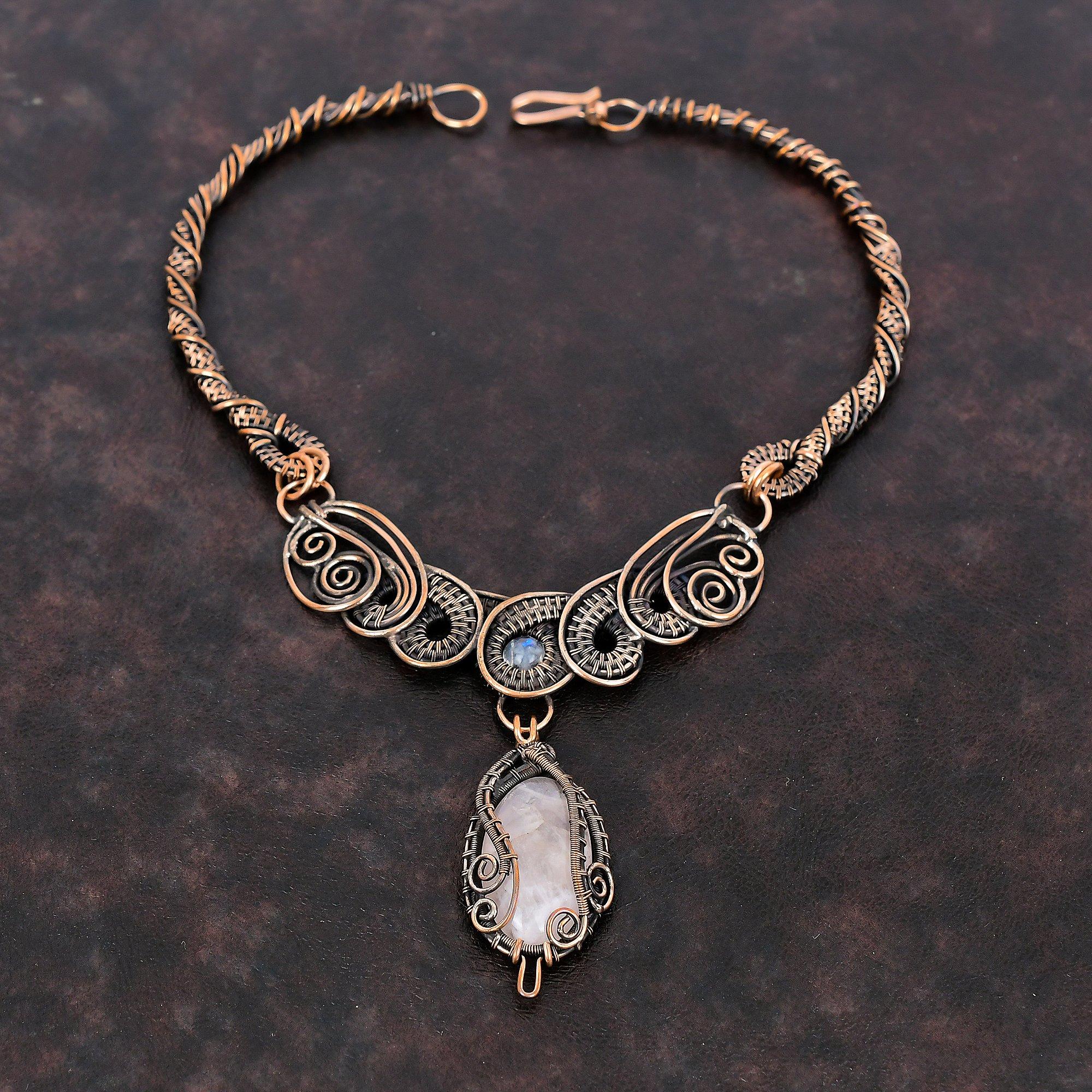 Ожерелье из розового кварца, ожерелье из медной проволоки, радужное ожерелье из лунного камня, изящные медные украшения ручной работы, ожерелье из драгоценных камней, подарок для женщин